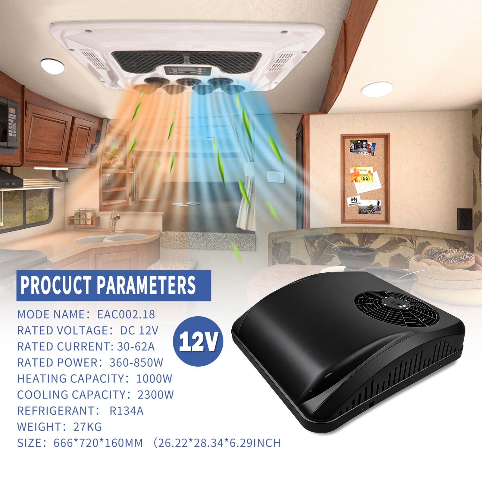 Cooligo 12V Black Cooling & Heat Rooftop Air Conditioner Electric AC Unit For RV