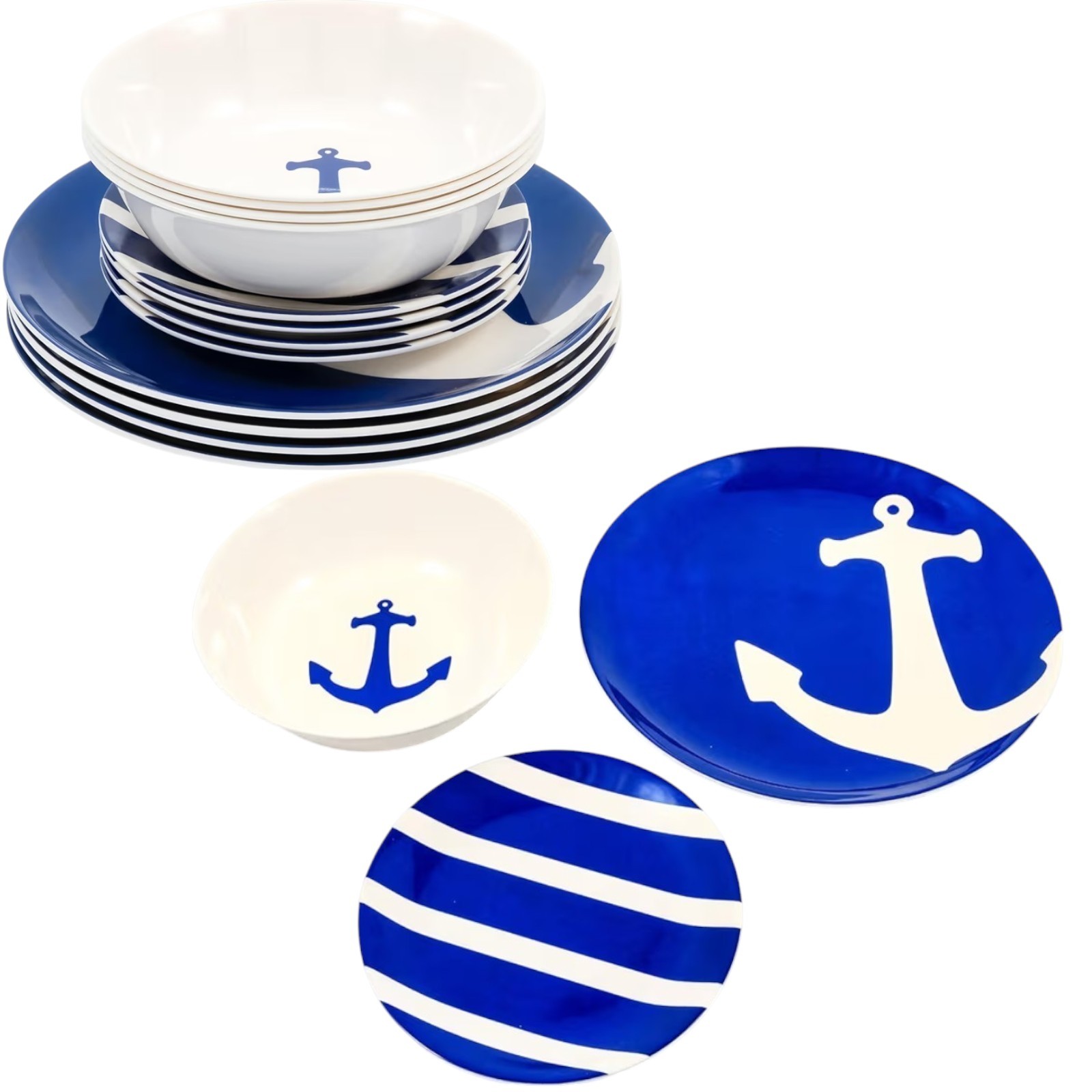 Camco 12-Pc Melamine Dish Set Blue White Nautical 4 Bowls 4 Salad 4 Dinner Plate