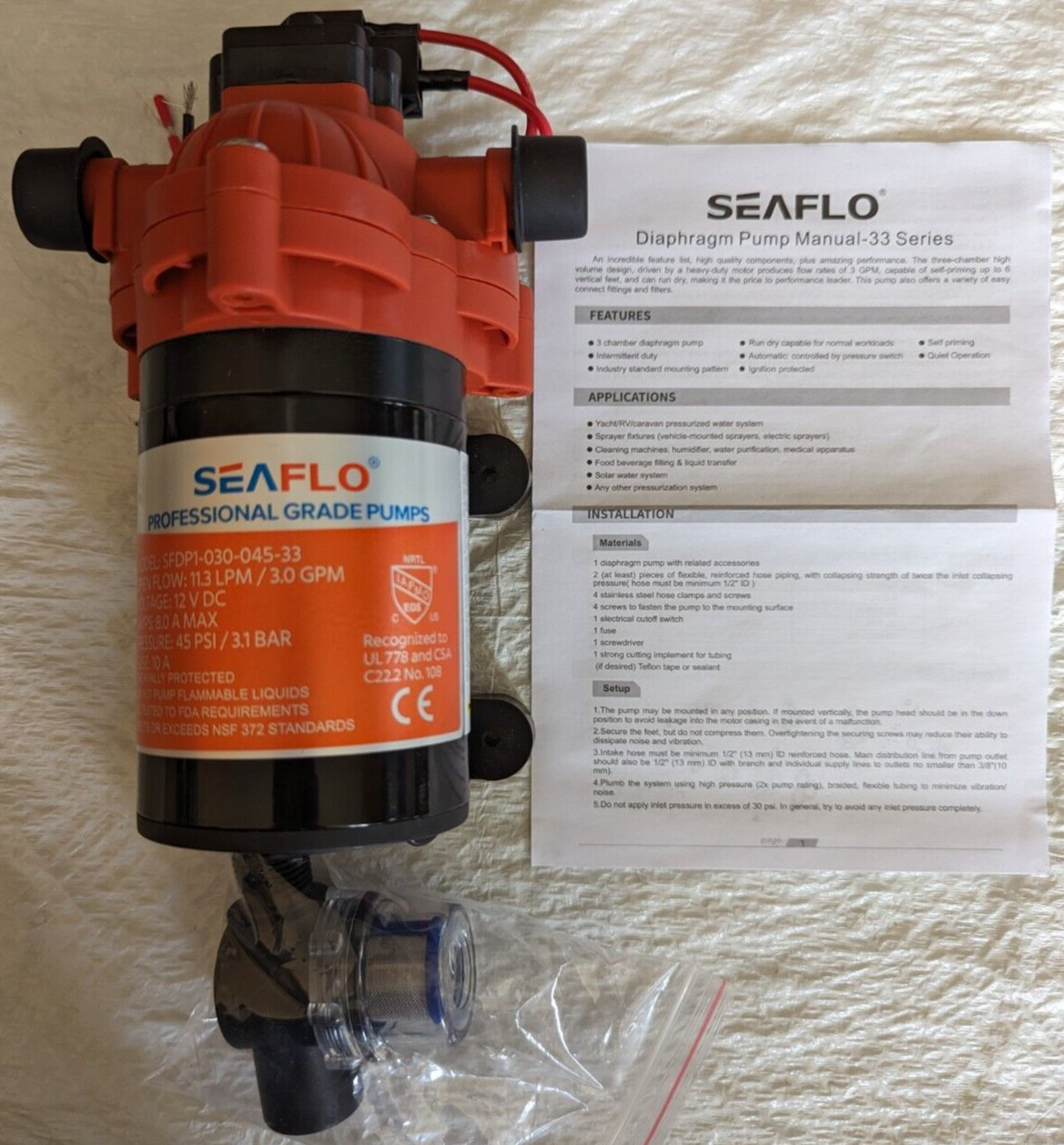 Seaflo Professional Grade 12V 3.0 GPM 33 Series Diaphragm Water Pump