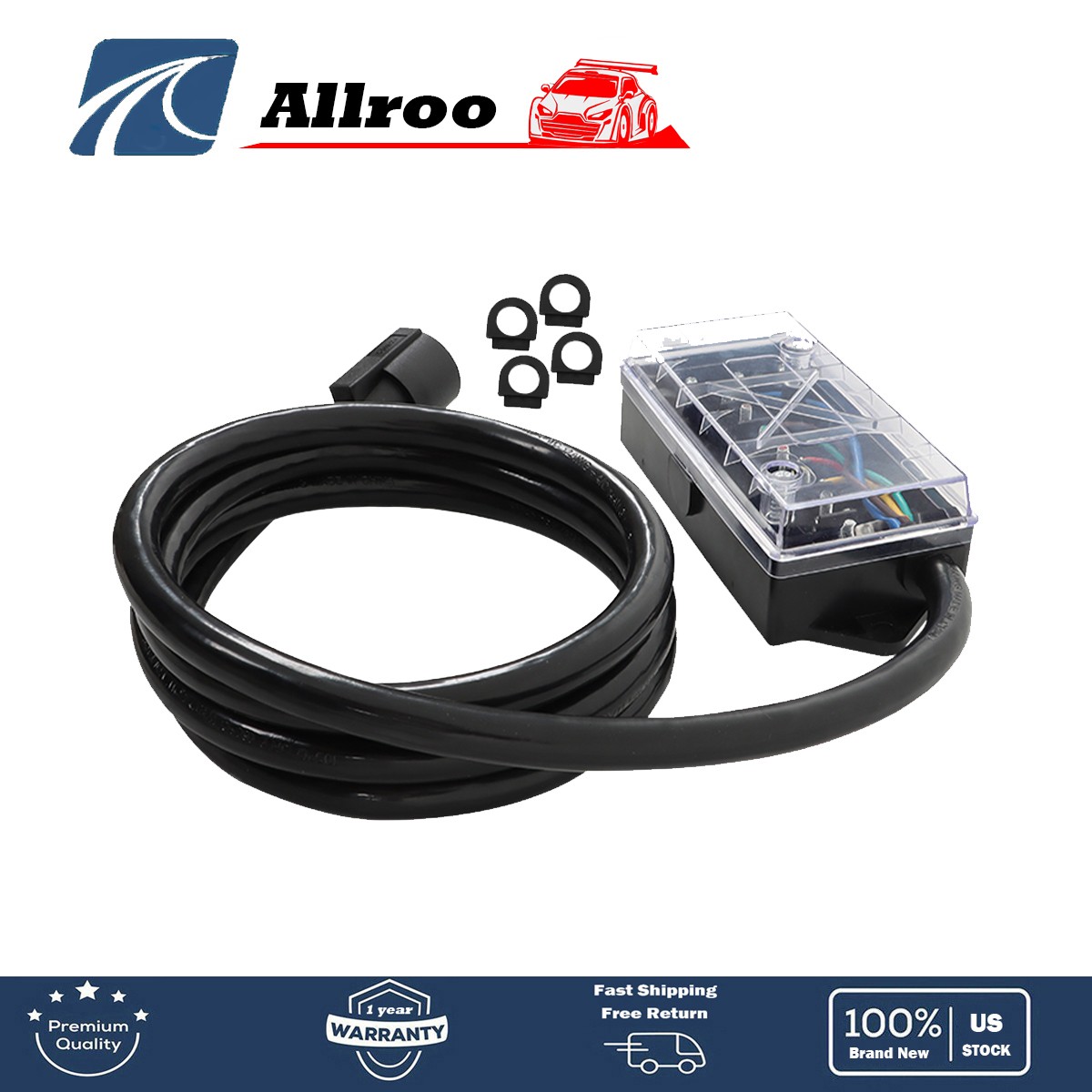 RV Trailer 8FT 7 Way Trailer Cable with 7 Pin Plug and 7 Gang Junction Box NEW