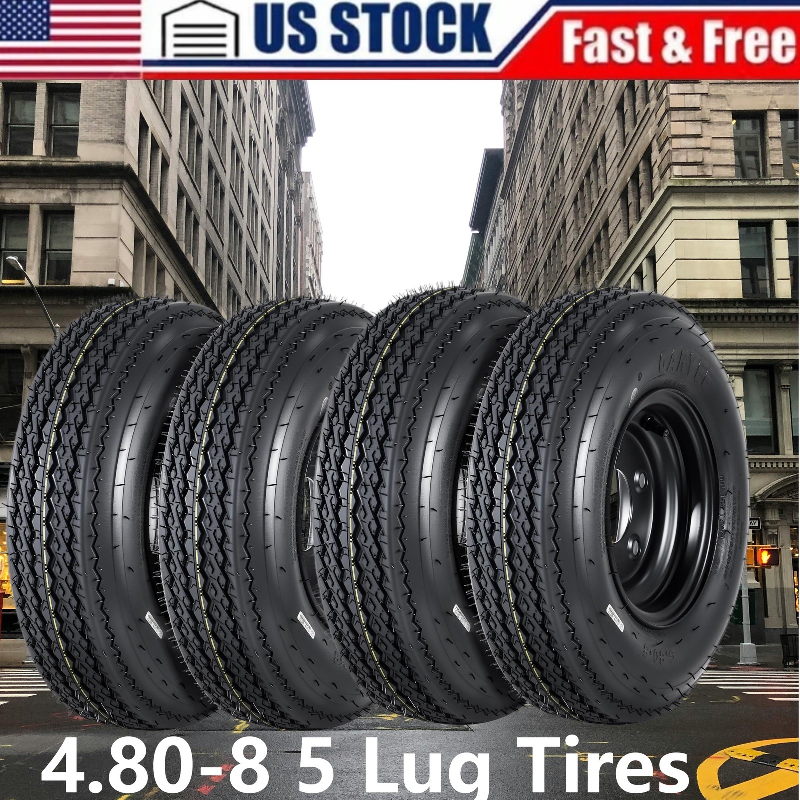 ✨4 Pack 4.80-8 Trailer Tires with 8″ Rims 4.80×8 480 8 5 Lug on 4.5″ Black Wheel