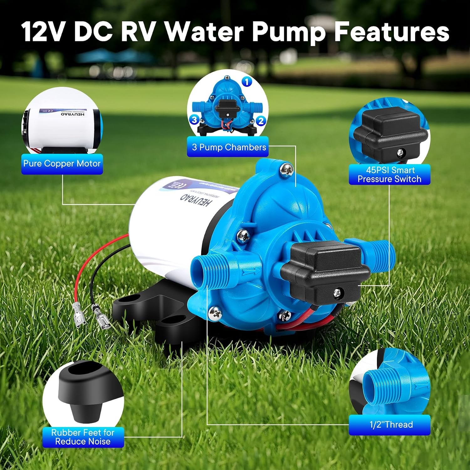 RV Water Pump 12V DC 4.0GPM 45PSI Three Chamber Self Priming Diaphragm Fresh Wat