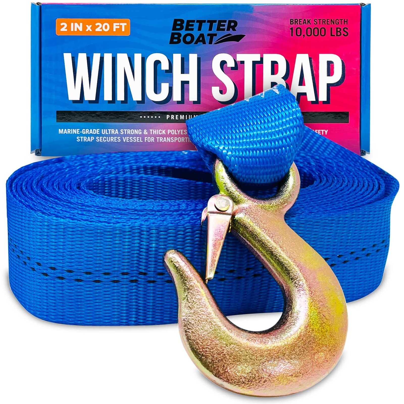 Boat Trailer Winch Strap with Hook, Heavy Duty 2 inches x 20 feet, Blue