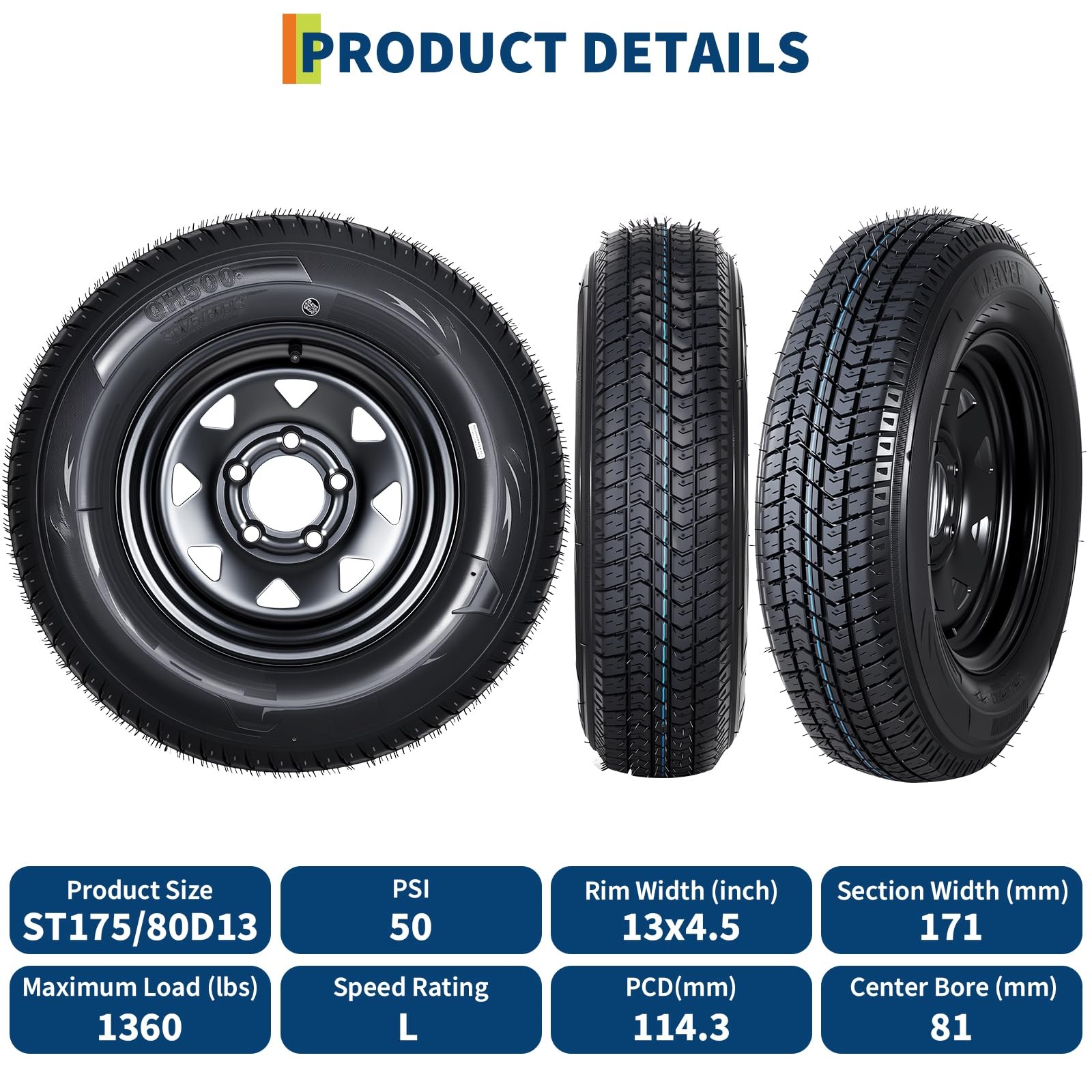 4 PCS ST175/80D13 Trailer Tires with 13″ Rims 175/80 D 13 LRC 5 Lug on 4.5″ 6PR