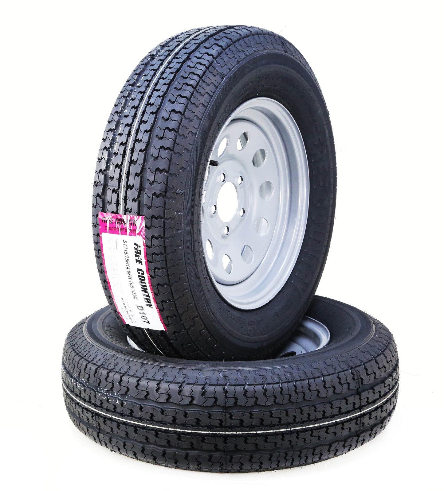 2 Free Country Trailer Tire Rim ST215/75R14 8-Ply D 107M 5 Lug x 4.5″ Silver Mod