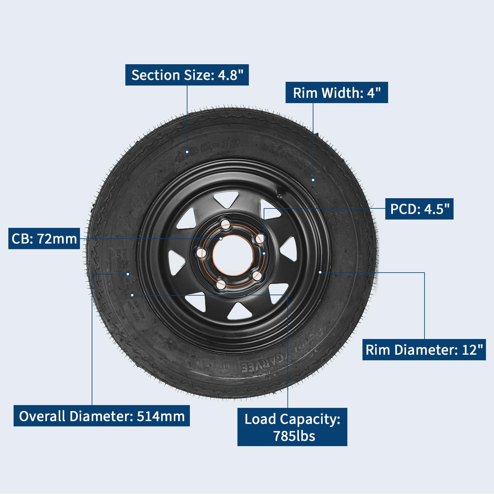 2-Pack Trailer Tire On Rim 4.80-12 480-12 4.80×12 5 Lug on 4.5″ PCD 12″ Wheel
