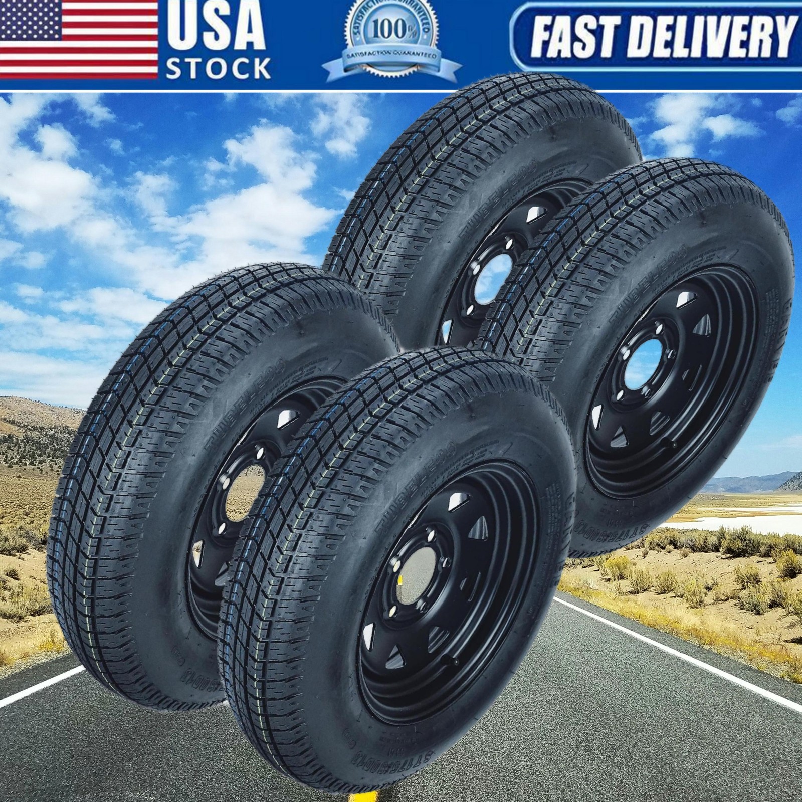4-PK Trailer Tire On Black Wheel Modular Rim ST205/75D15 LRC 5 Lug 5×4.5 15″ Rim
