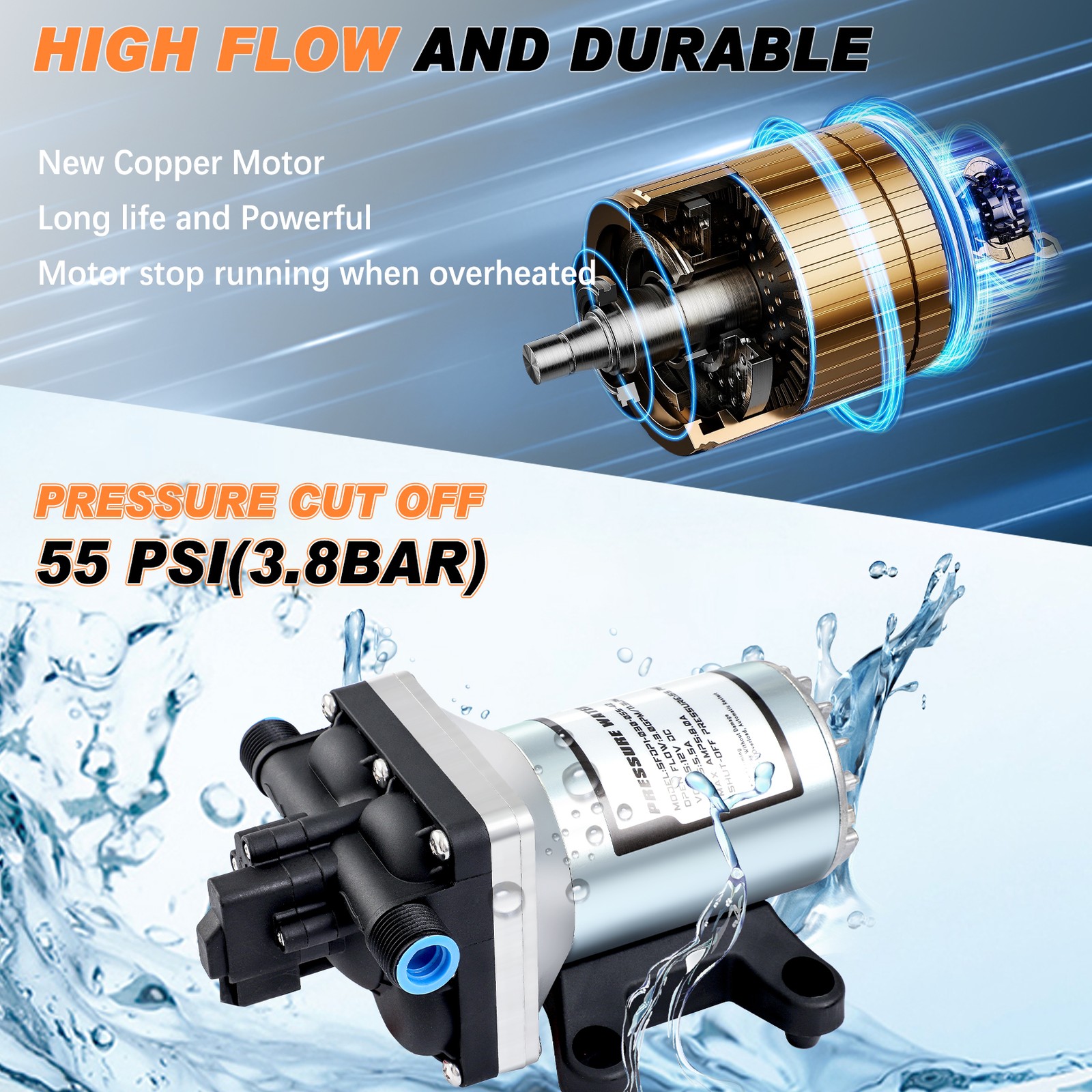 RV Water Pump 12 Volt DC 3.0GPM 55PSI Twist on Filter Boat Marine High Pressure