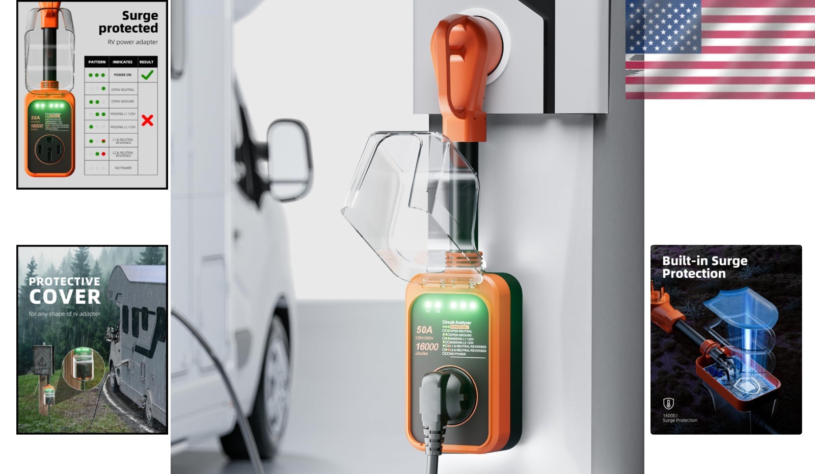 50 Amp RV Surge Protector with 16000J Protection – Waterproof & Reliable
