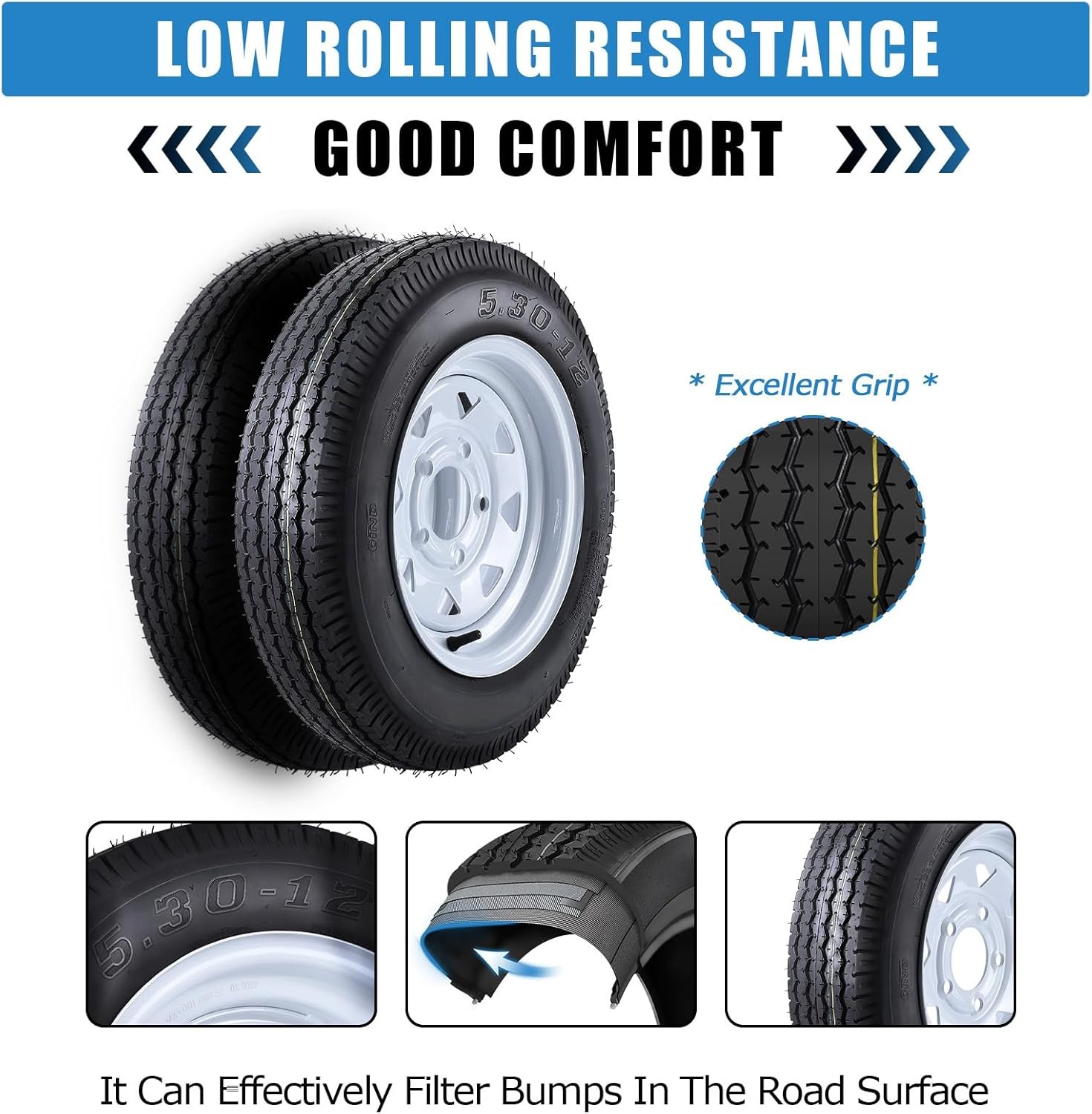 2 PCS 5.30-12 Trailer Tires with 12” Rims 530-12 5.30×12 5 Lug Load Range C 6PR