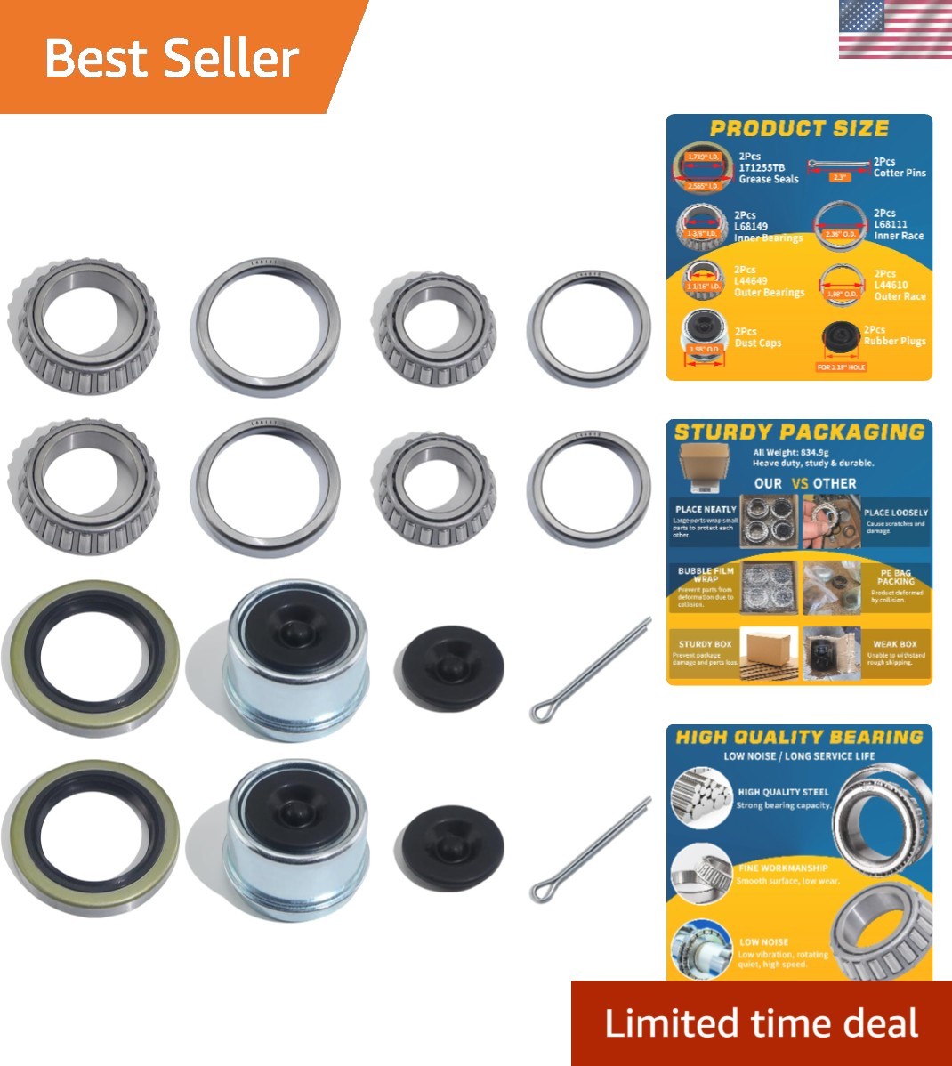 Durable L68149 L44649 Trailer Axle Hub Bearing Kit with Grease Seals & Caps