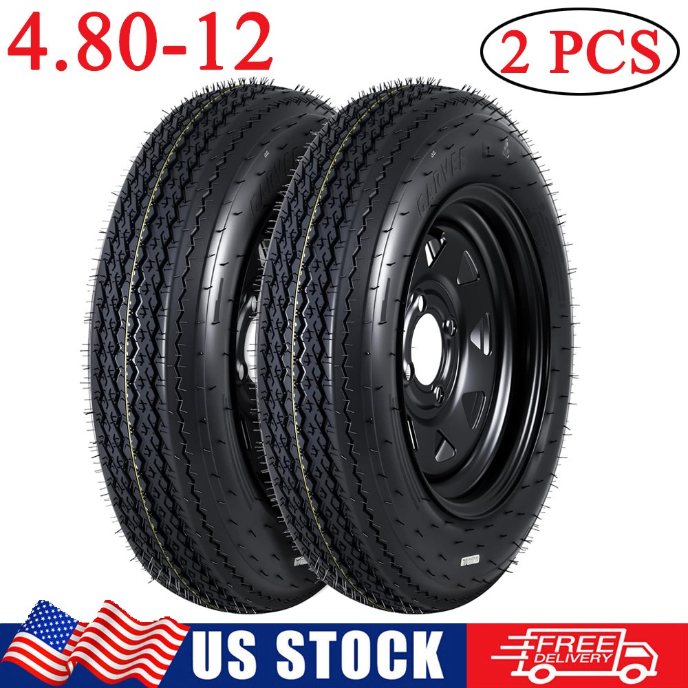 2PCS Trailer Tires & Rims 4.80-12 4.80×12 Highway Boat Tires 6PR LRC 4 Lug on 4″