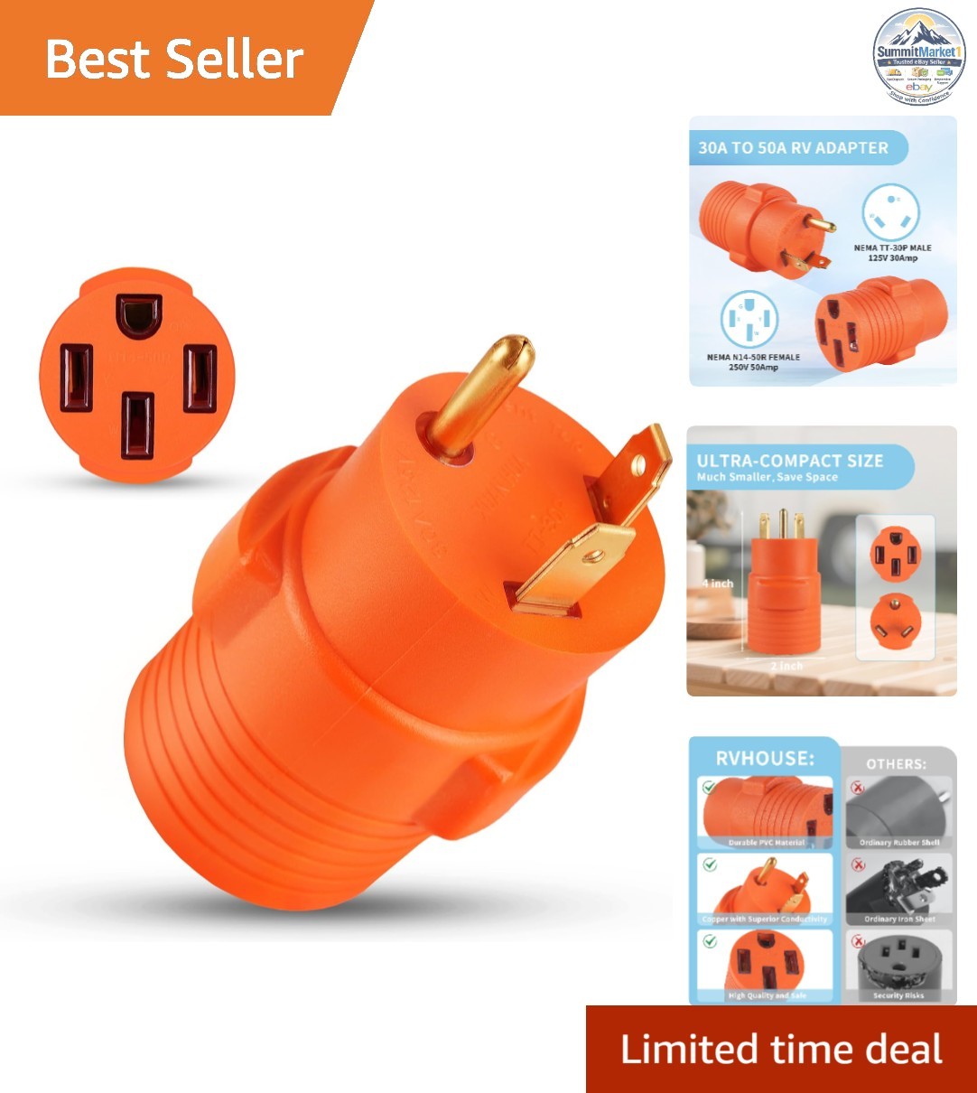30A to 50A RV Adapter Plug TT-30P to 14-50R 125V Listed