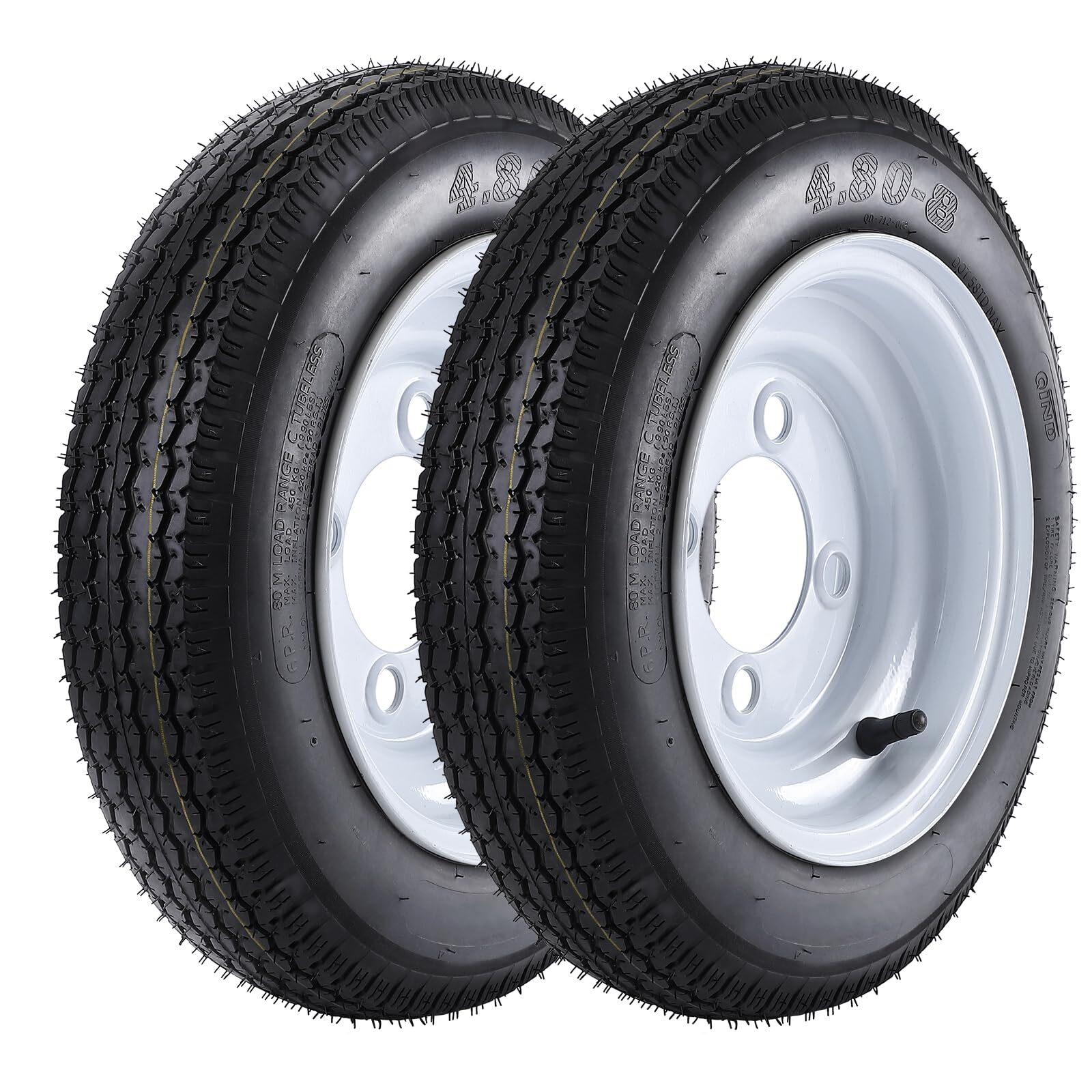 2X Trailer Tires & Wheels 8″ Rims 4 Lug on 4″ Pitch Load Range C 4.80-8 4.80×8
