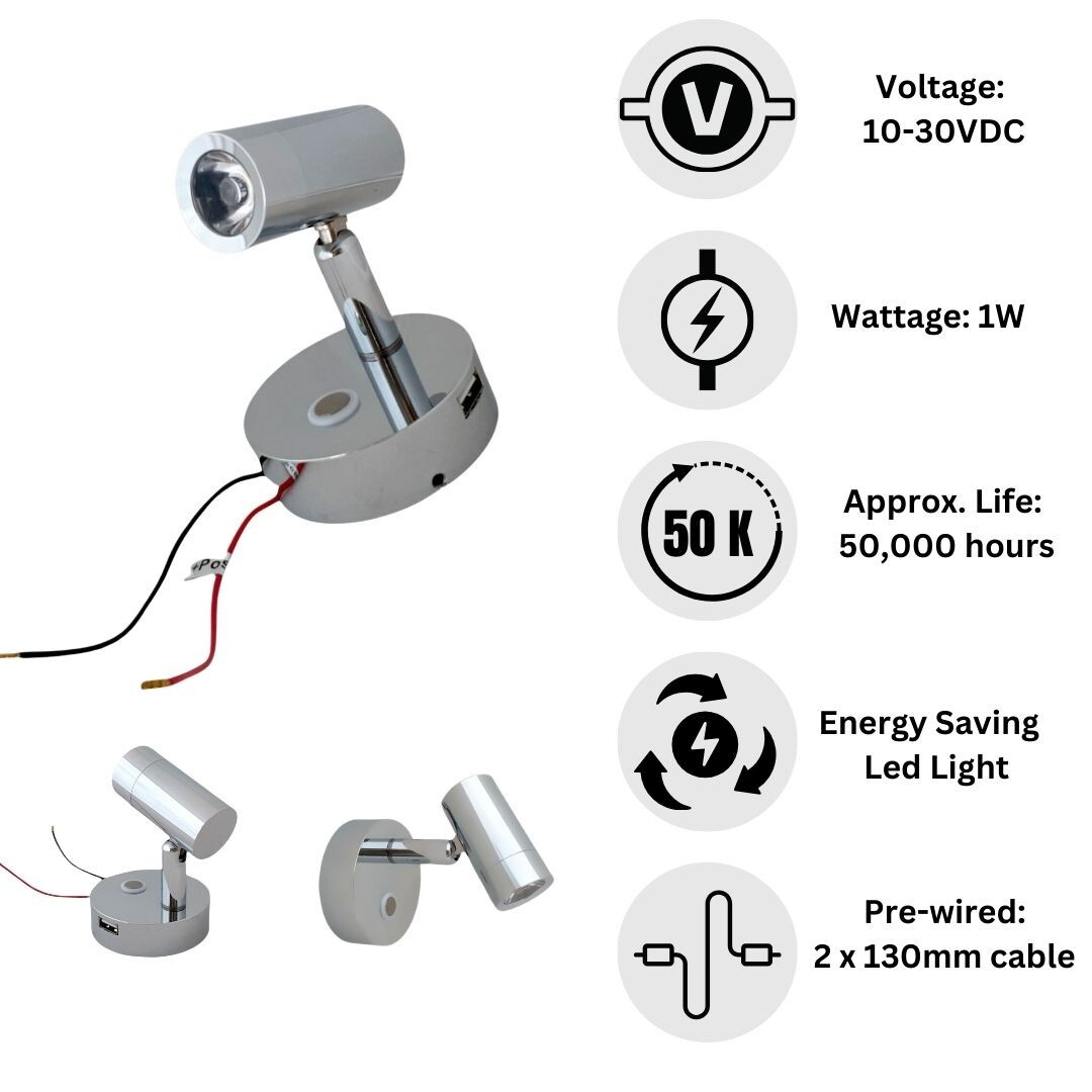 LED Reading Light 12V 24V Chrome Spotlight Touch Switch USB Caravan Boat Lamp