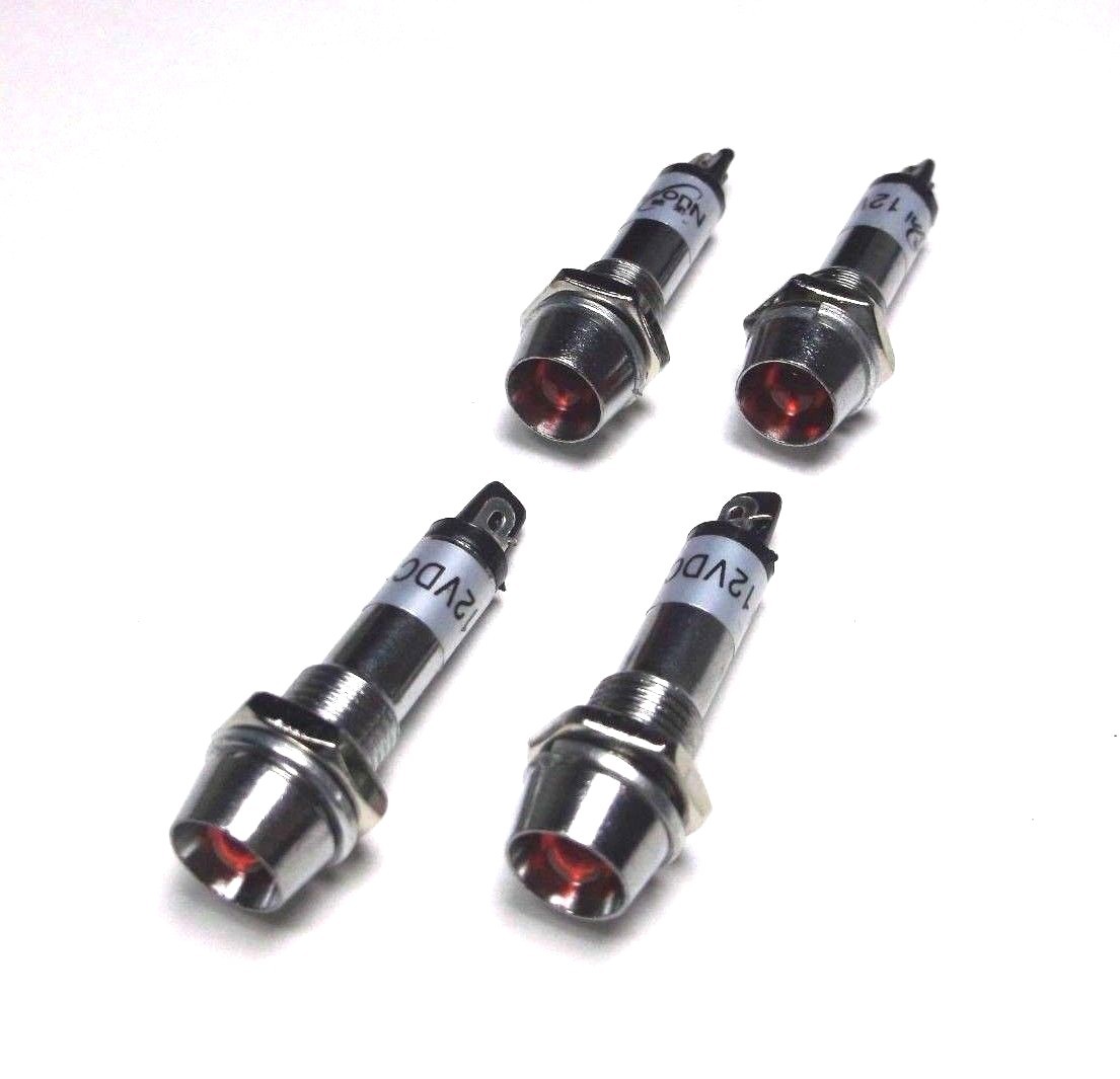 4 BBT 12 volt Red LED Indicator Lights in Chrome Metal Bezels