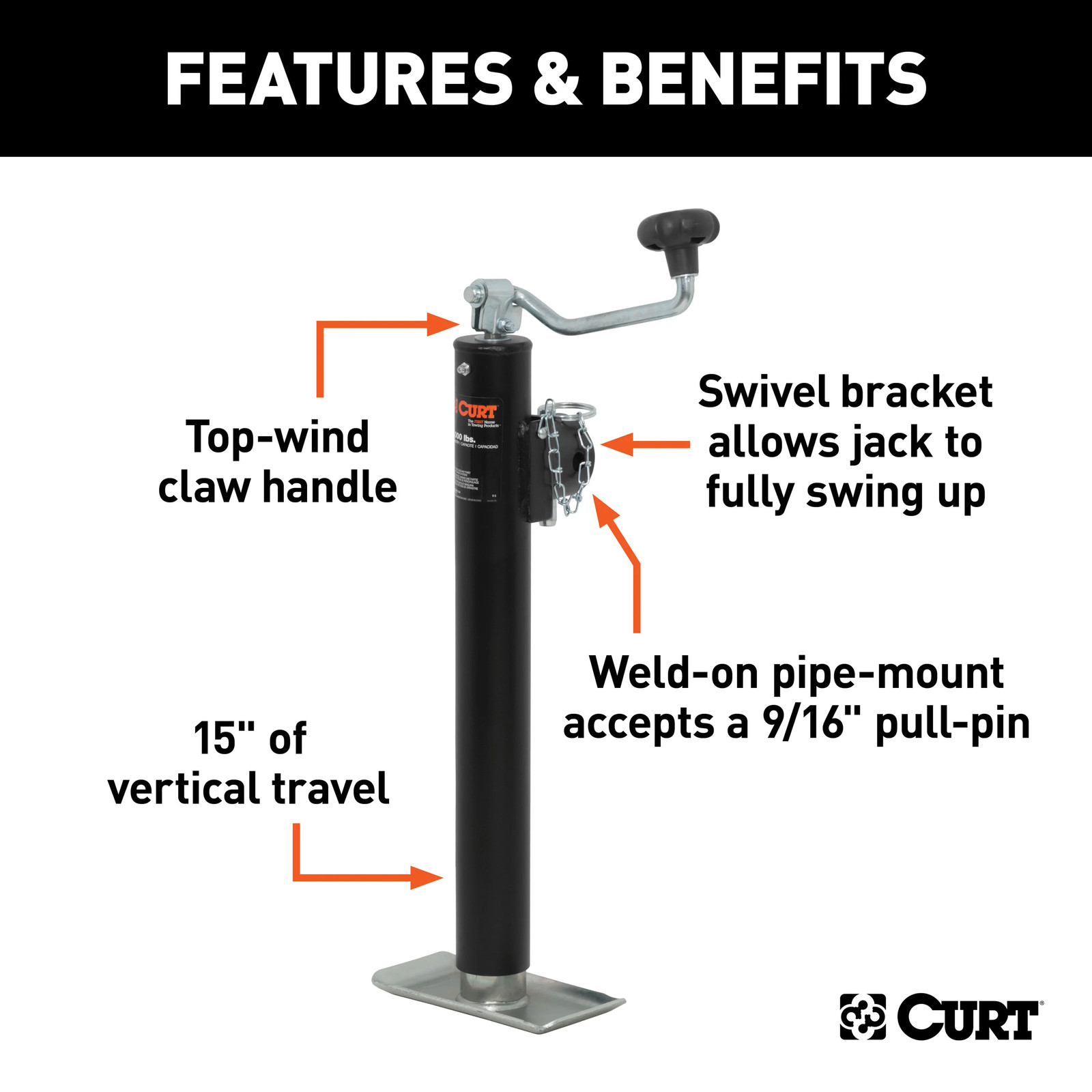 Pipe-Mount Swivel Trailer Jack with Top Handle 2K lbs, 15″ Travel 28322 CURT