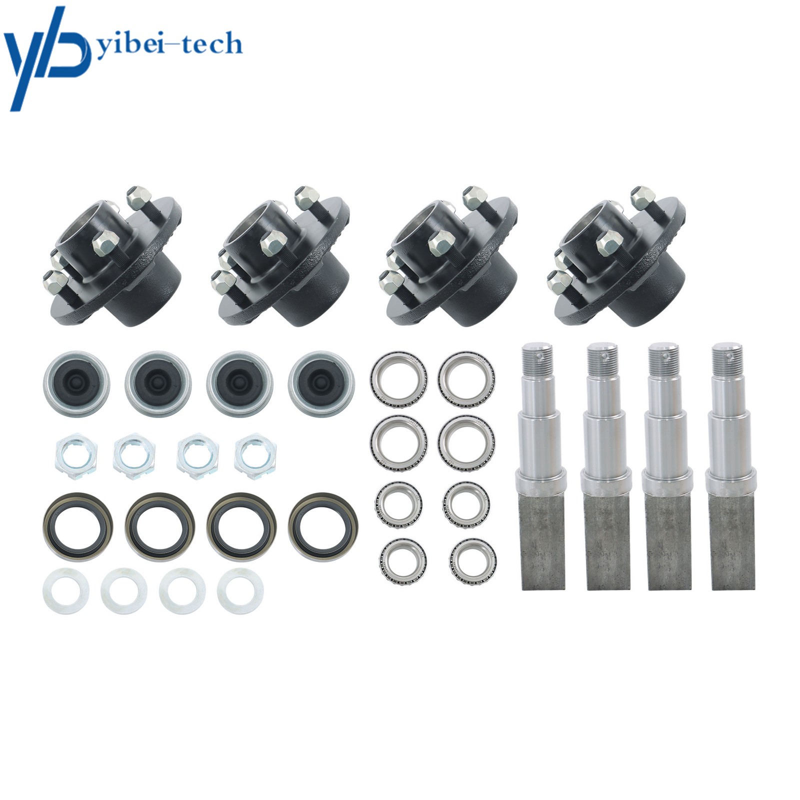 4 Sets 5 on 4.5″ Trailer Hub Kit and Square #84 Spindle W/ Trailer Bearing Kit