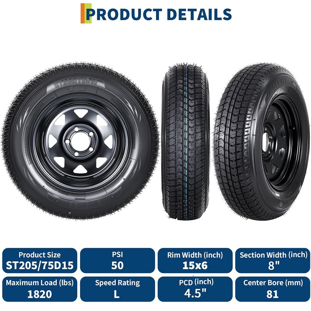 2PCS ST205/75D15 Trailer Tires & Rims 5 Lug on 4.5″ Black Spoke Wheels 205 75 15
