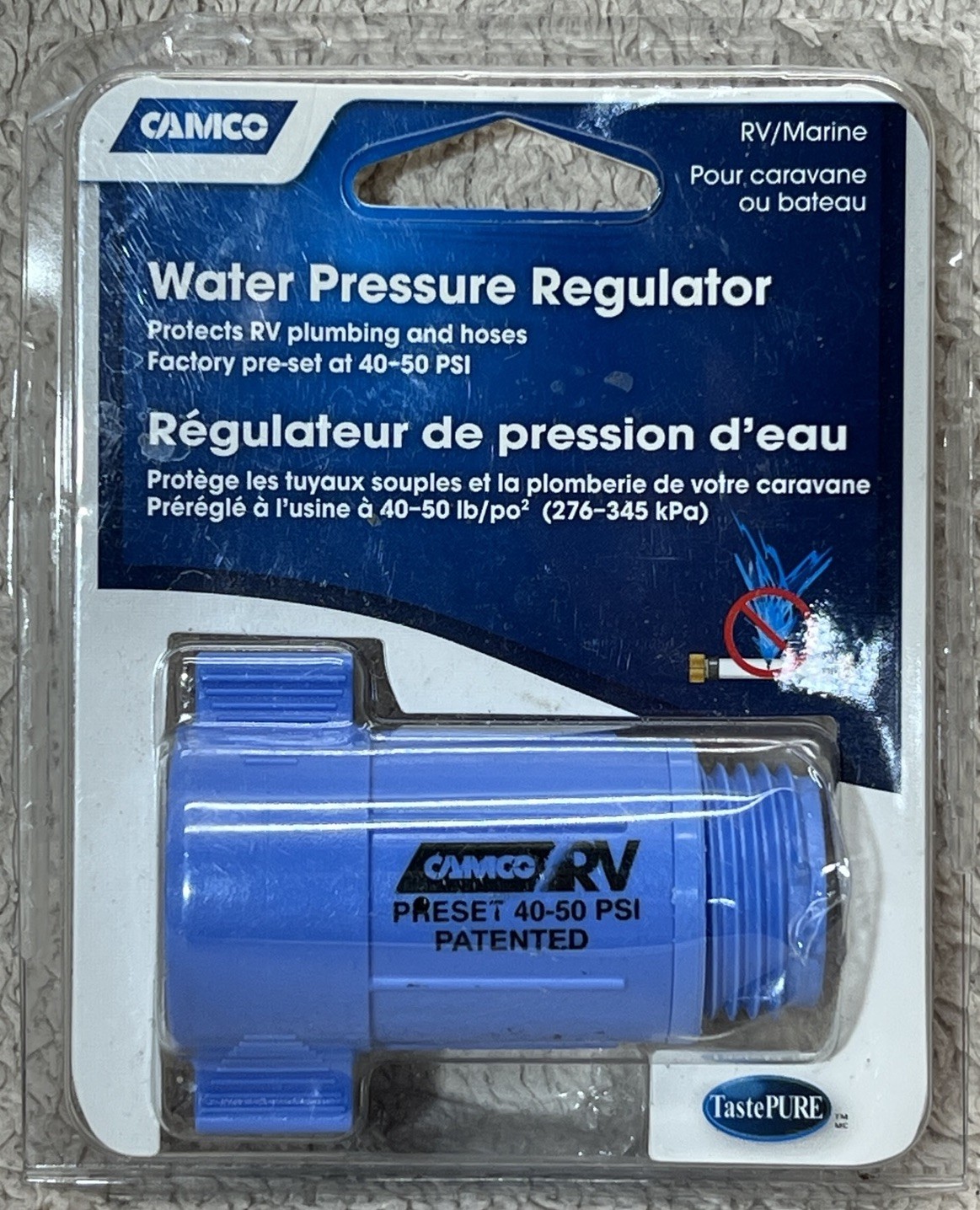 Camco 40143 RV/Marine Water Pressure Regulator Preset 40–50 PSI Blue