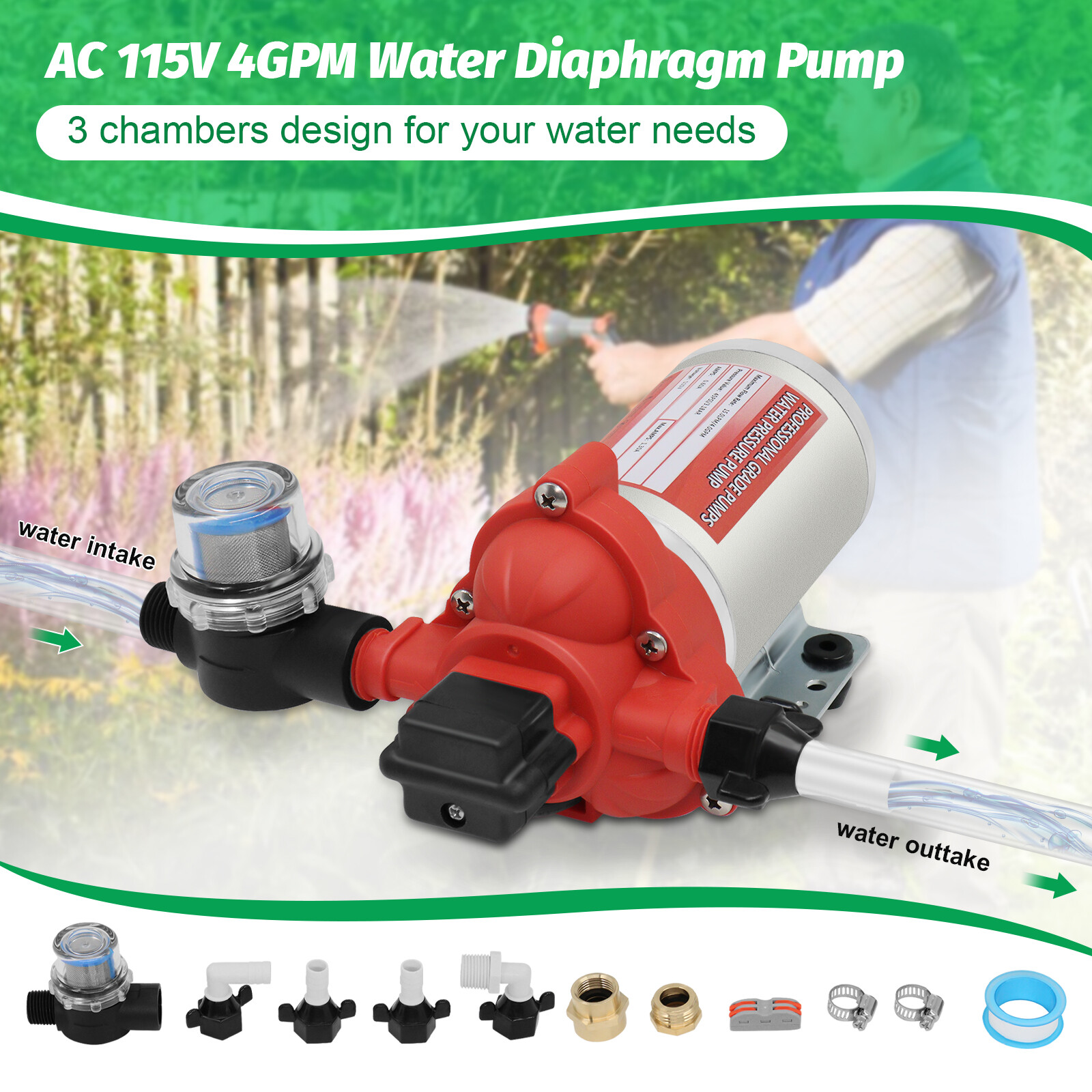 For RV Marine Kitchen 115V Water Diaphragm Pump 45 PSI 4 GPM Self-Priming Pump