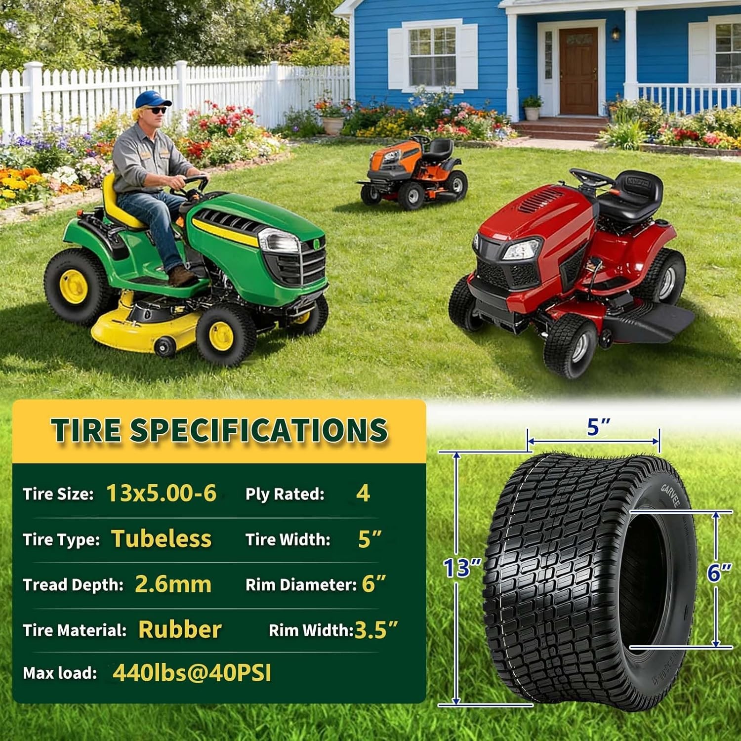 2 Pack 13×5.00-6 Lawn Mower Tires 4Ply 13x5x6 Garden Turf Tractor Tyre Tubeless