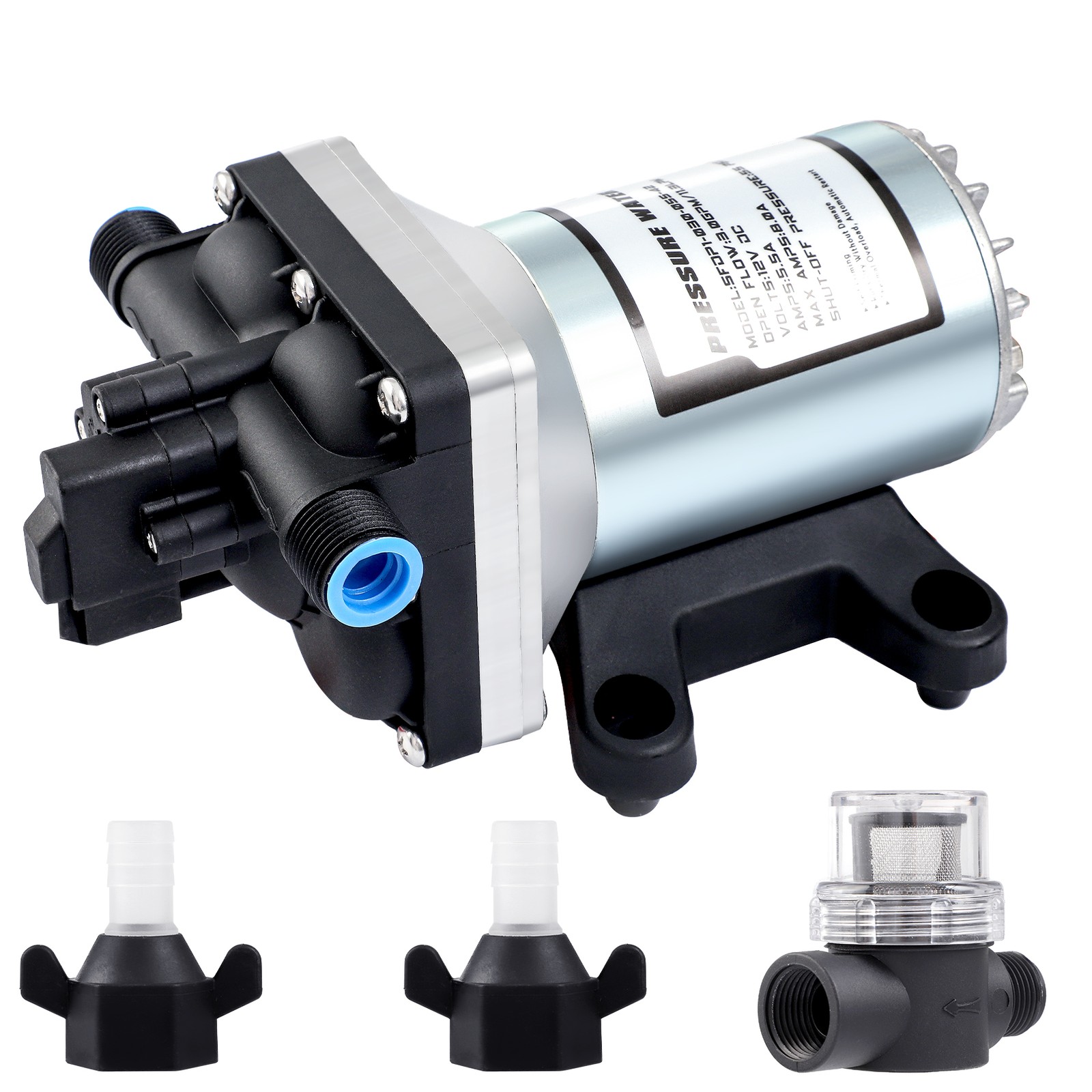 RV Water Pump 12 Volt DC 3.0GPM 55PSI Twist on Filter Boat Marine High Pressure