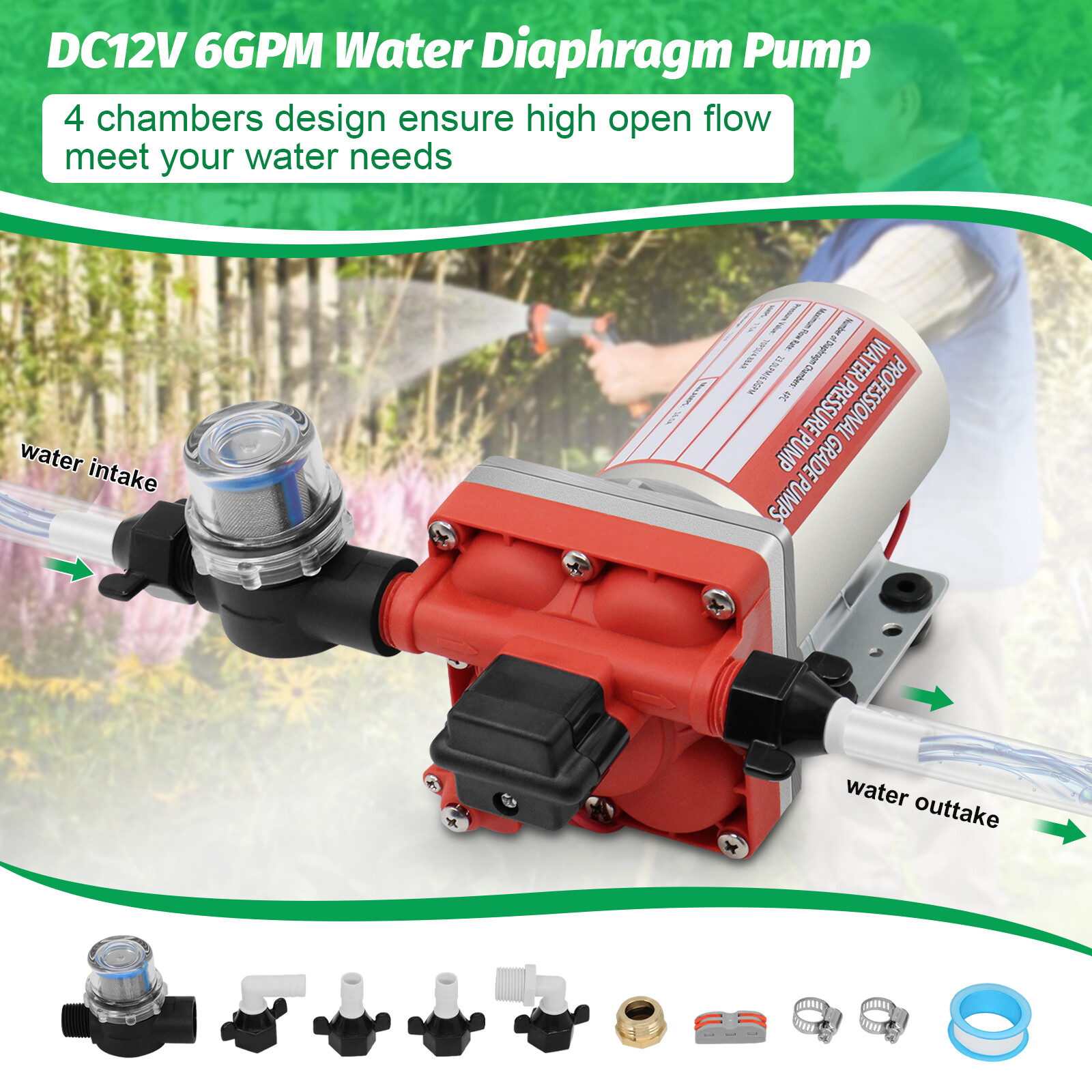 12V 6GPM Water Diaphragm Pump Self-Priming Pump High Pressure 70PSI for RV Boat