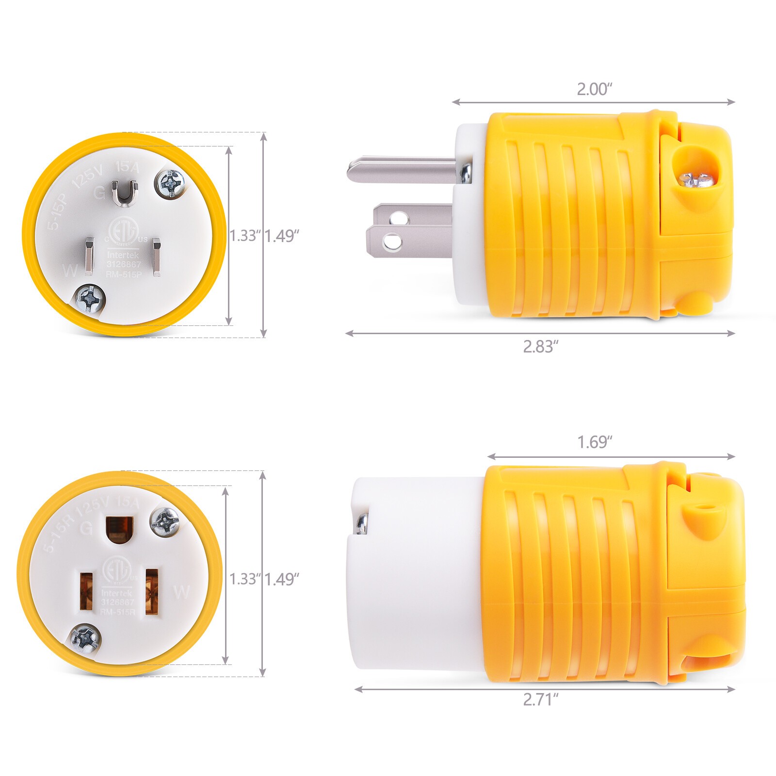 Extension Cord Ends Male Female Plug 15A 125V Replacement Plug Connector 5 Set