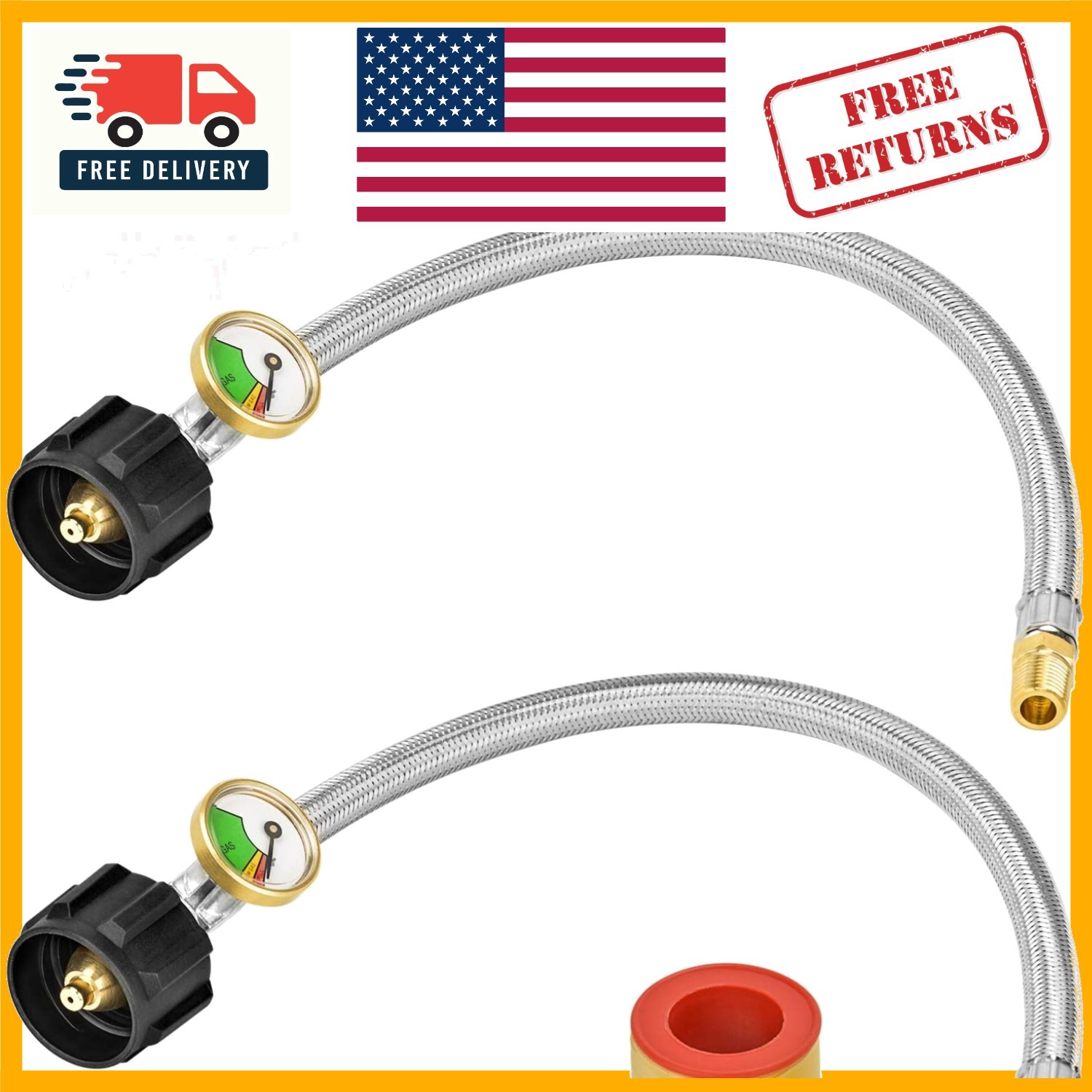 12-Inch Propane Pigtail Hose with Tank Gauge – Stainless Steel, 2-Pack for RVs