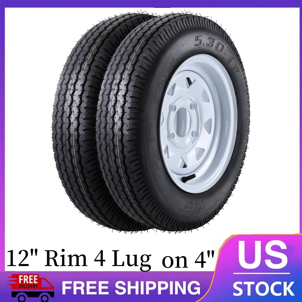✔️2 Pack 5.30-12 5.30×12 Trailer Tires with 12” Rims 4 Lug on 4” Load Range C