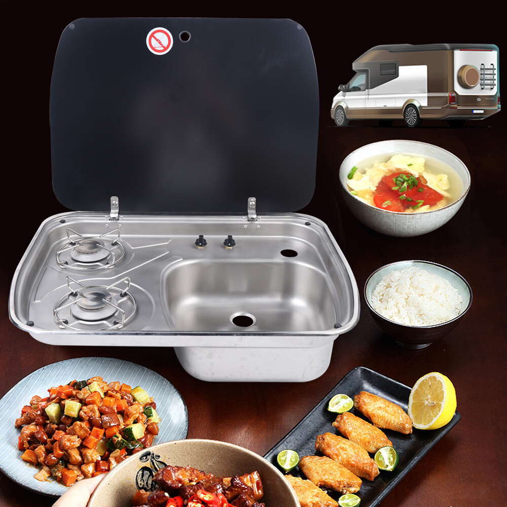 Boat Caravan RV Camper Gas Stove Hob 2 Burner LPG Sink Combo Cooktop w/Glass Lid