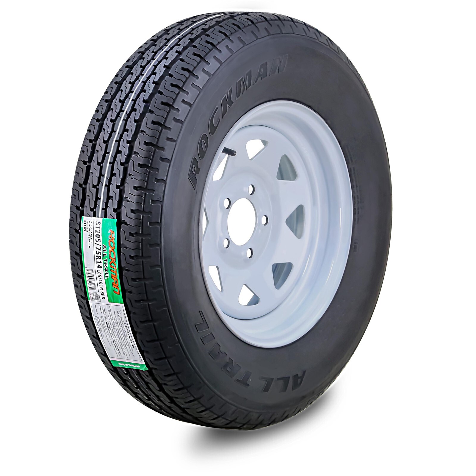 ROCKMAN Trailer Tire Assembly ST205/75R14 8-Ply White Spoke Rim 5 Lug on 4.5″
