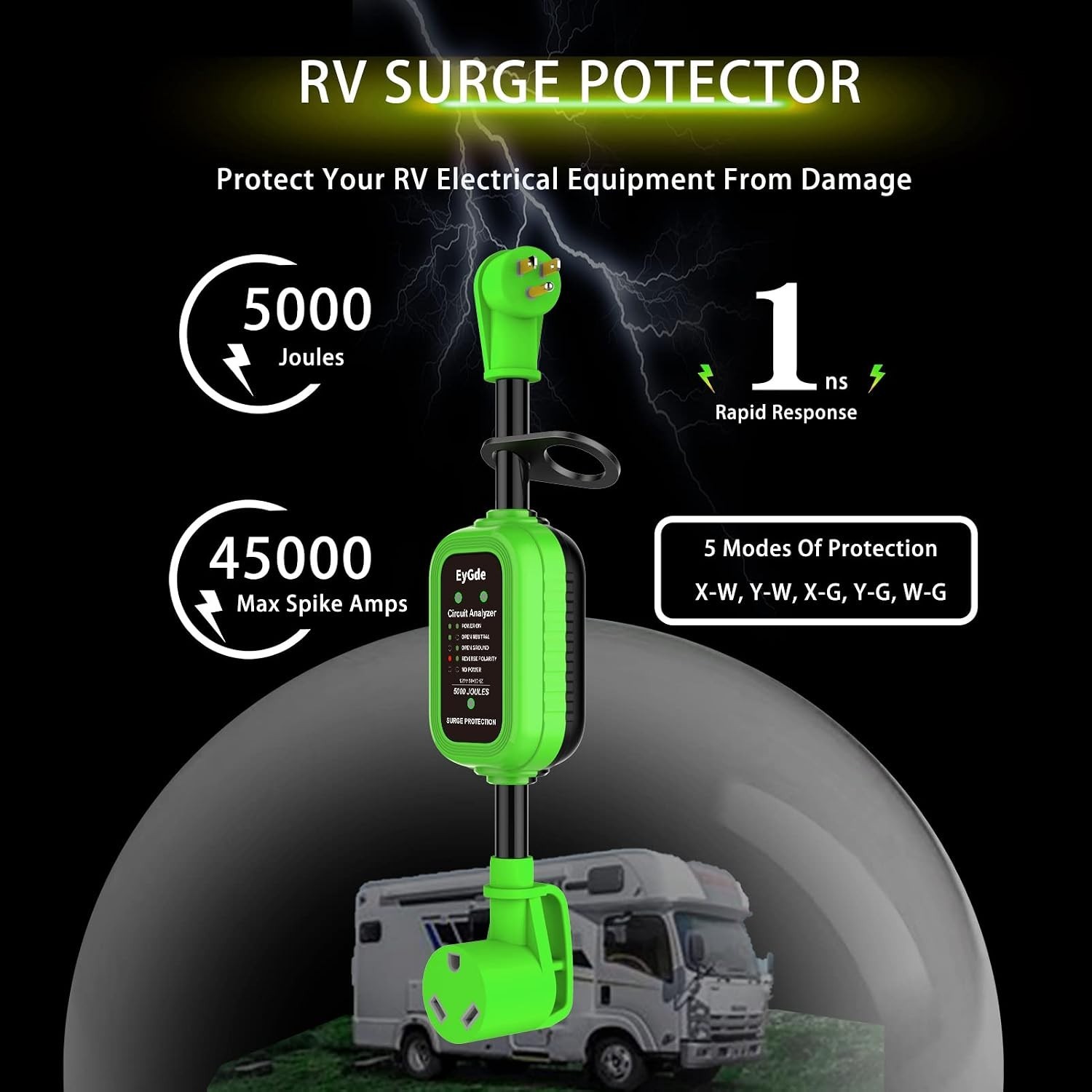 Patented 30A to 15A RV Adapter with Circuit Analyzer and 5000 Joules Protection