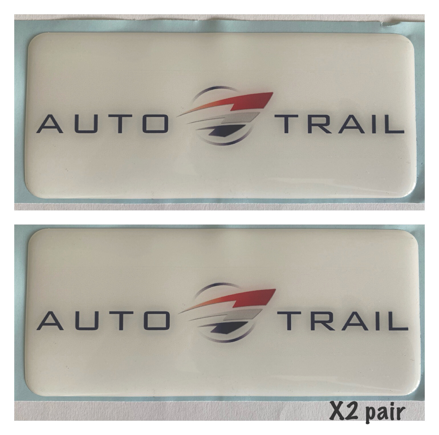 AUTO TRAIL MOTORHOME CAMPER BADGES DOMED RESIN X2 WHITE HIDE DENTS SCRATCHES