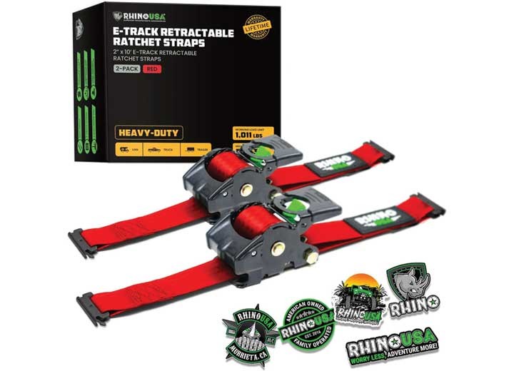 Rhino USA Retractable E-Track Ratchet Straps 2″x10′ 2-Pack Red