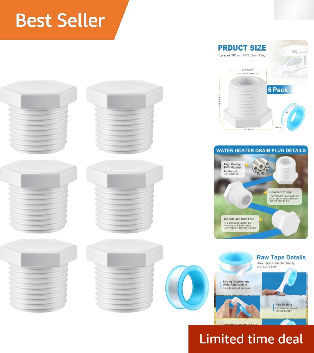 6-Pack RV Hot Water Heater Drain Plugs with Leak-Proof Tape – 1/2 Inch NPT