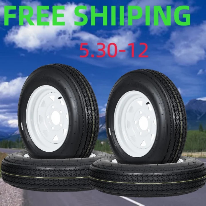 ⭐SET 4 Trailer Tires 5.30-12 5.30×12 530-12 530 12 with 12″Rim 5 Lug on 4.5″ 6PR