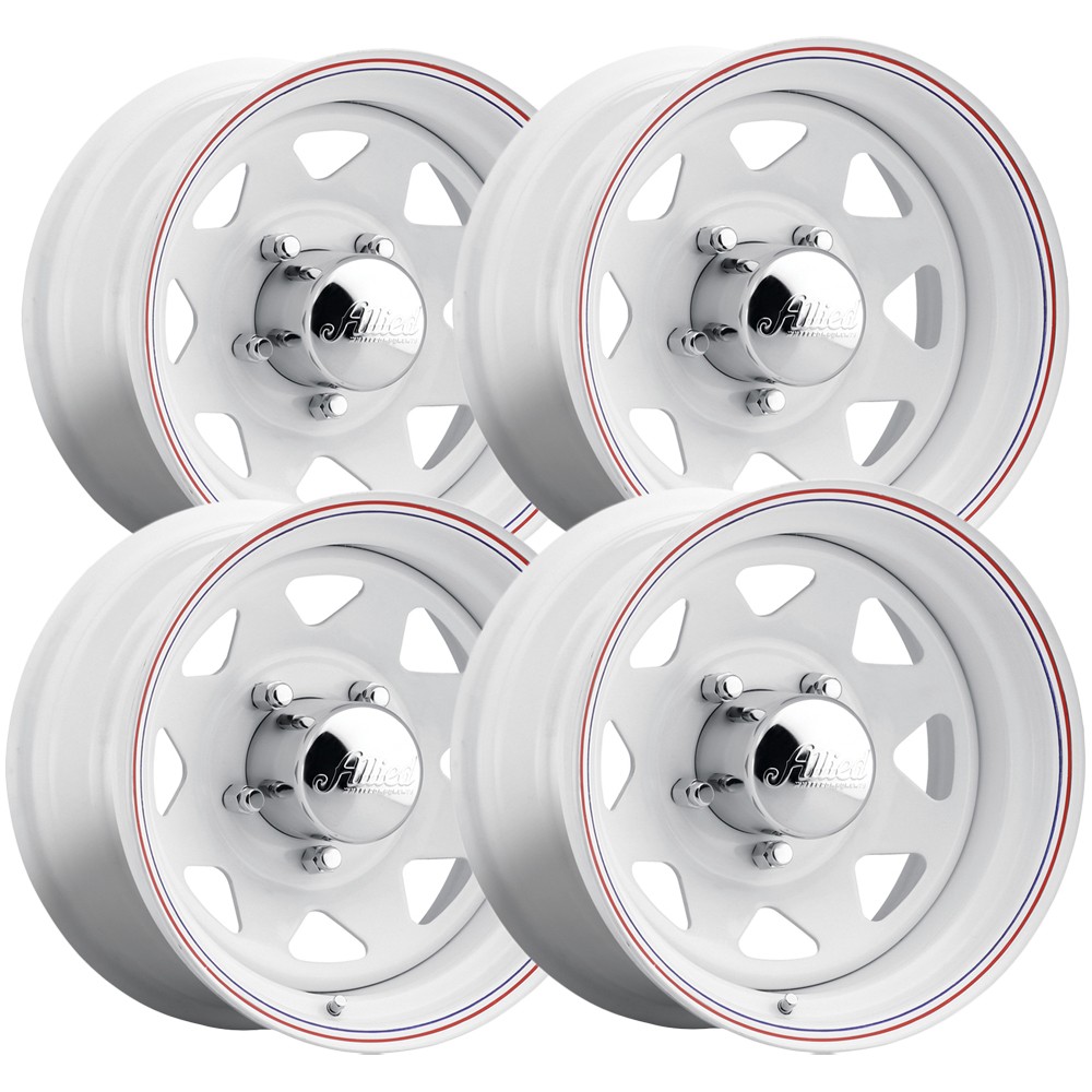 (Set of 4) Allied 80W 8 Spoke Trailer 15×7 8×6.5″ +0mm White w/cap Wheels Rims