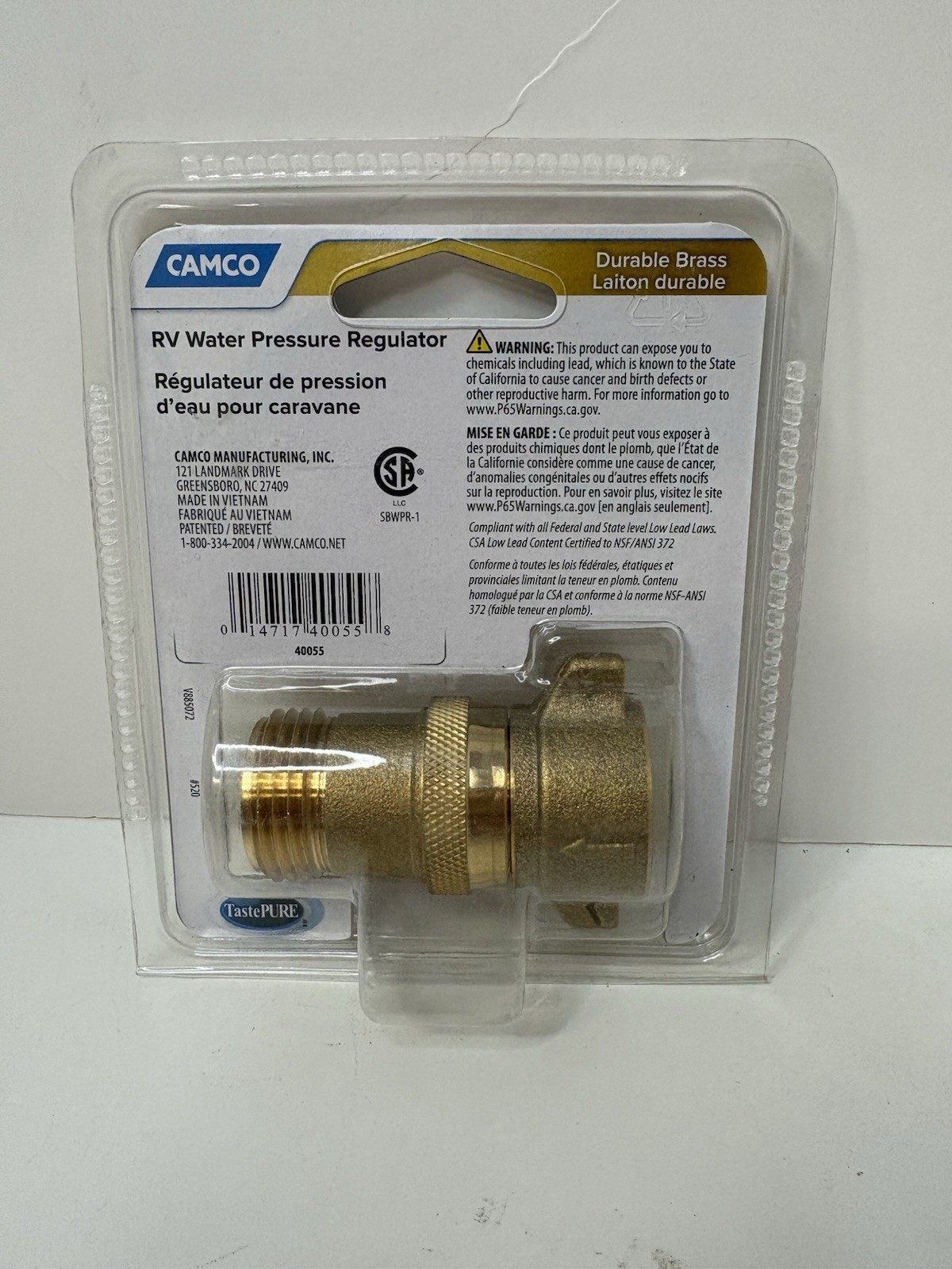 Camco brass RV water pressure regulator, model 40055