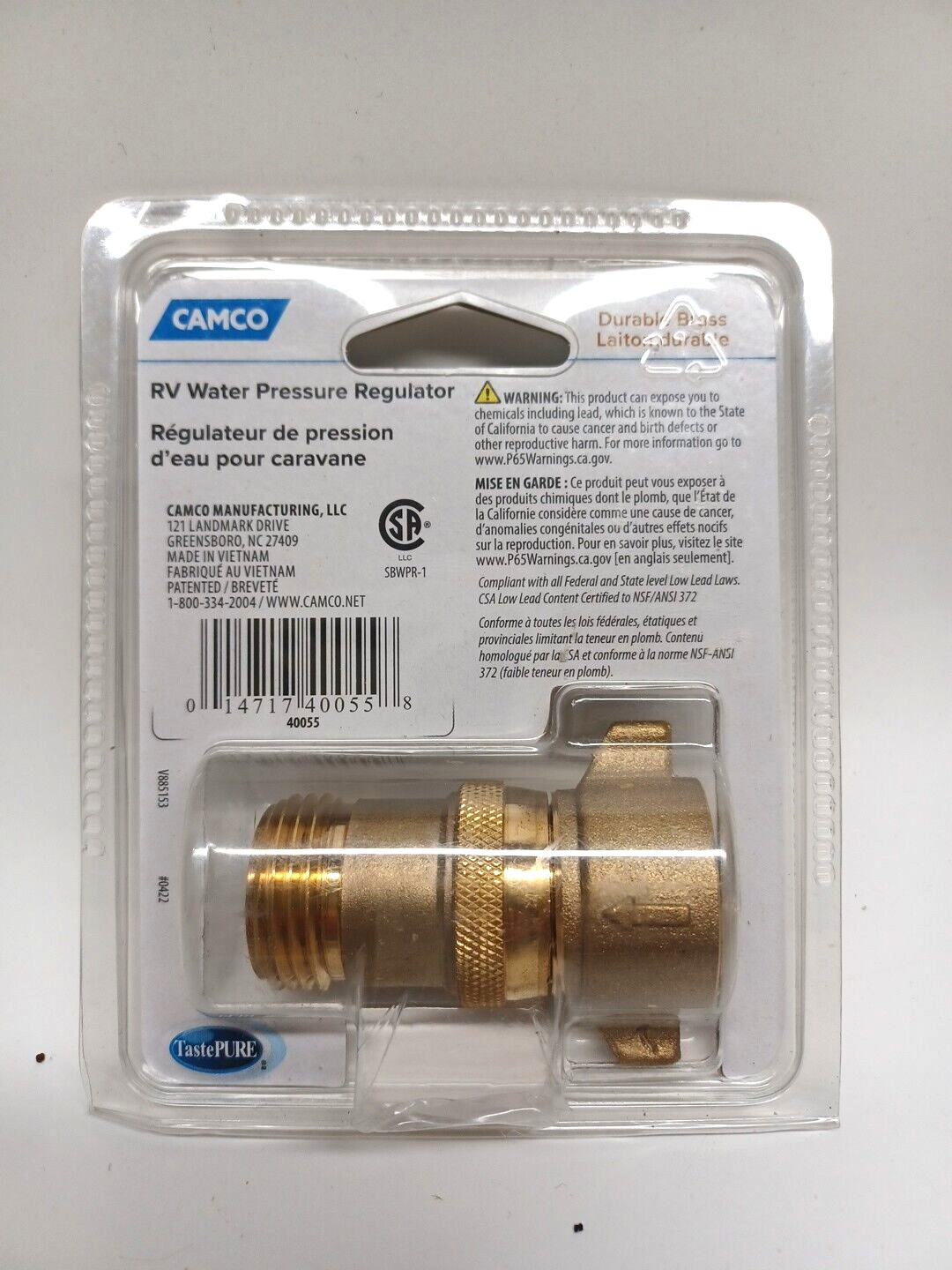 RV Water Pressure Regulator Camco 40055 Brass 40-50psi