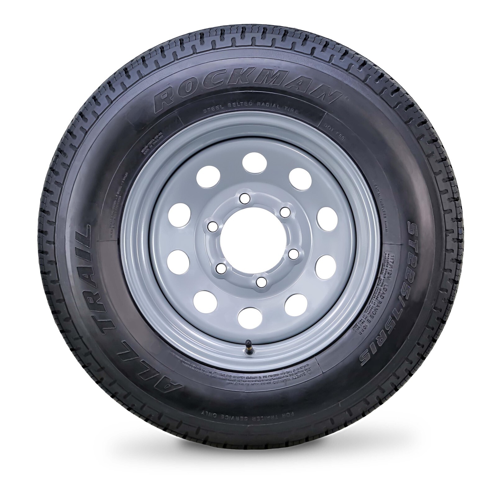 Rockman Trailer Tire Assembly ST225/75R15 10-Ply Silver Mod Rim 6 Lug on 5.5″