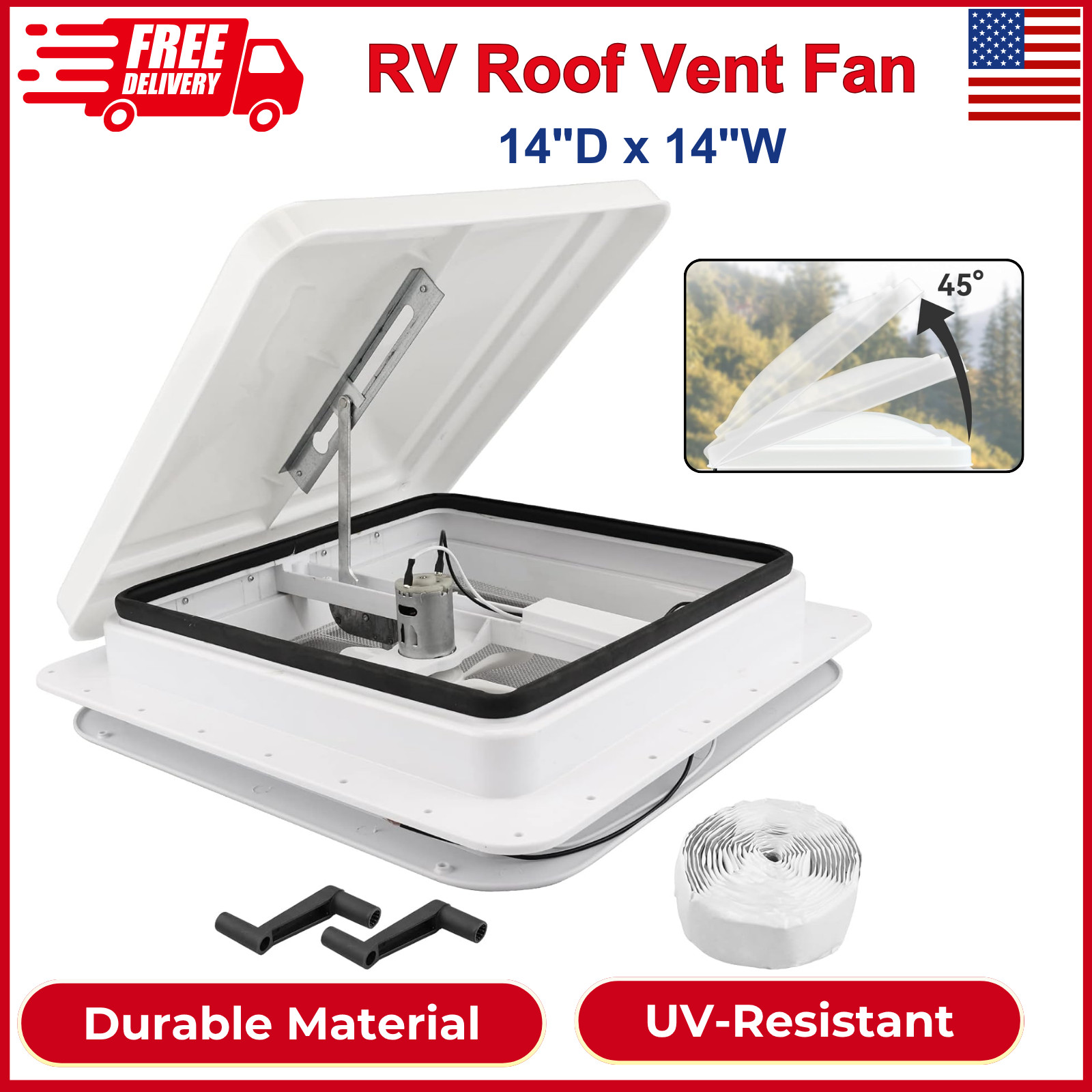 14″ Universal RV Roof Vent Fan With 12V Motor For Campers Trailers, 6″ Blades