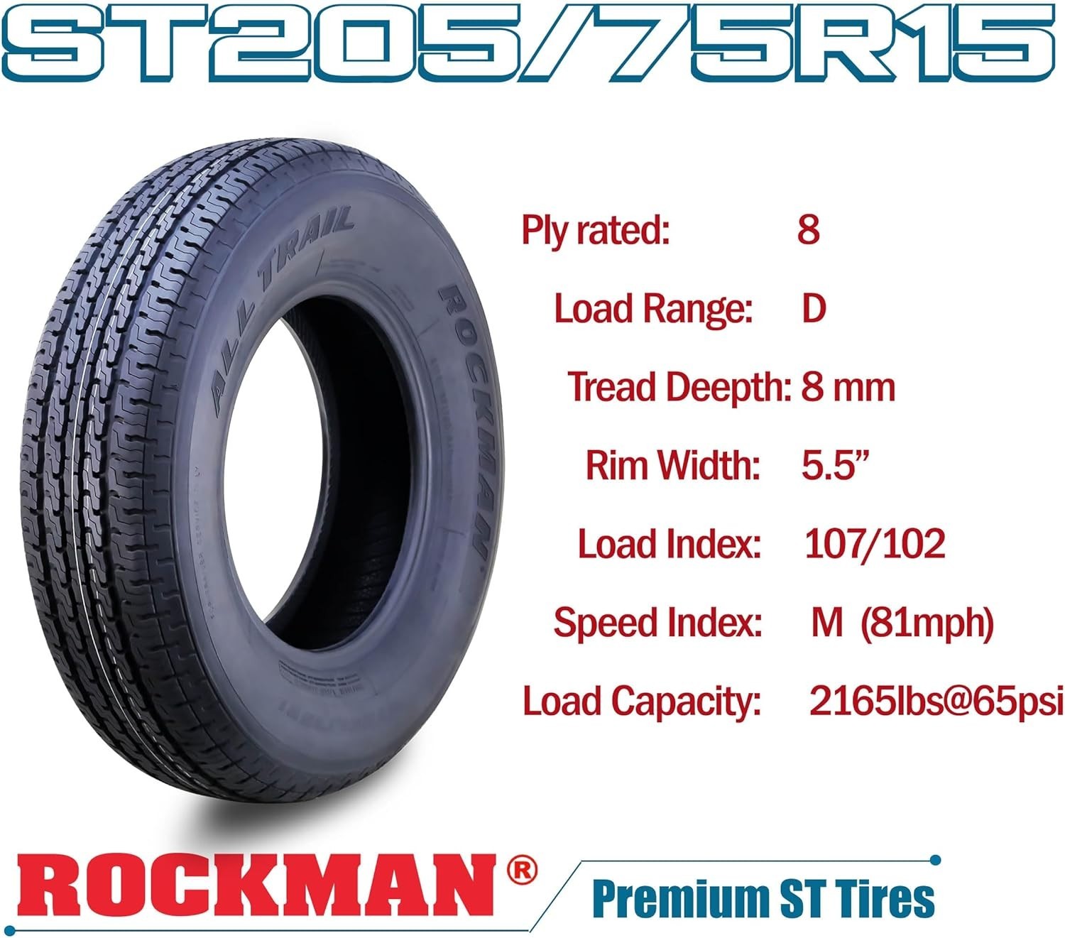4 ROCKMAN Trailer Tires ST205/75R15 8-Ply Load Range D 107M Steel Belted Radial