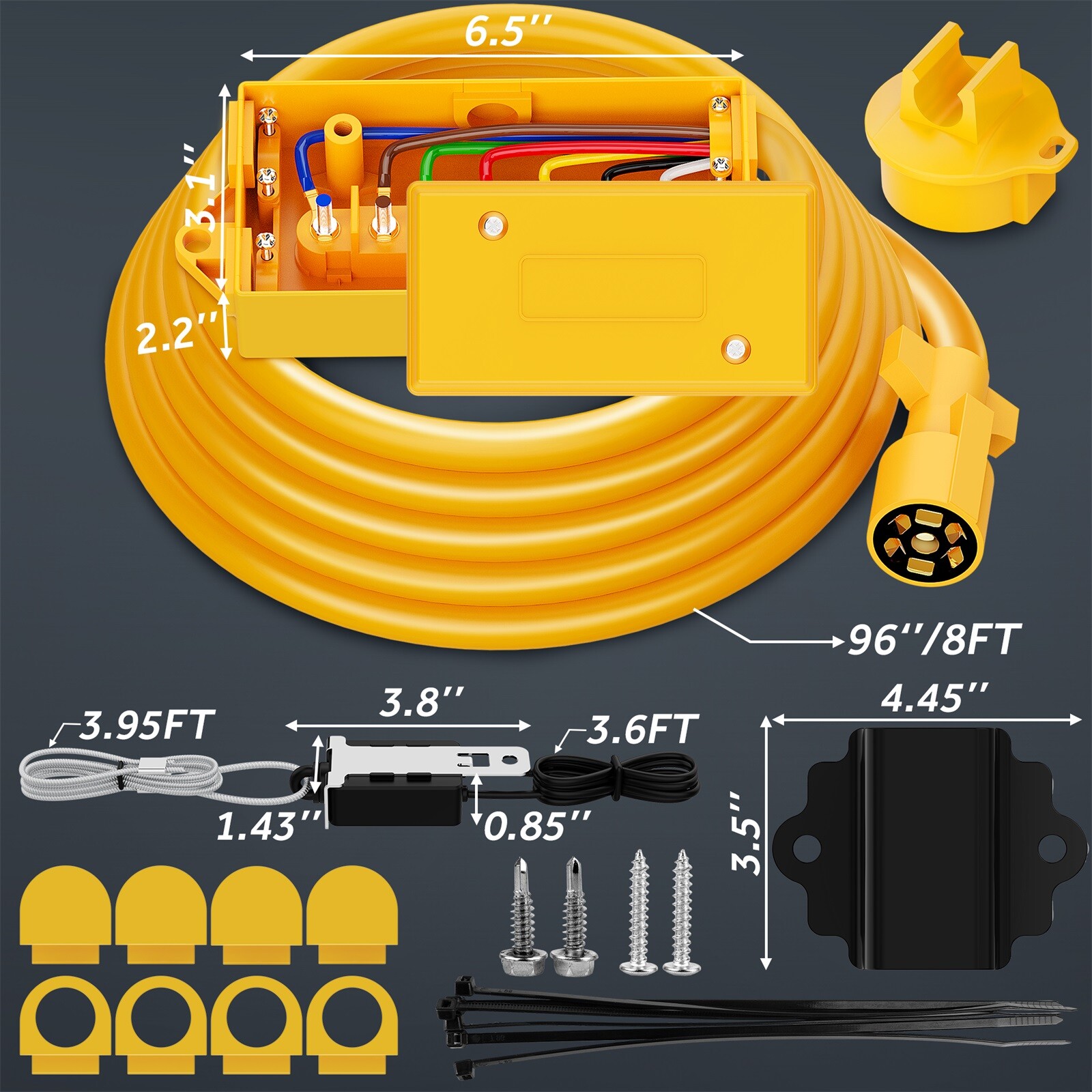 MICTUNING 8FT 7 Way Plug Inline Trailer Cord with 7 Gang Junction Box Waterproof