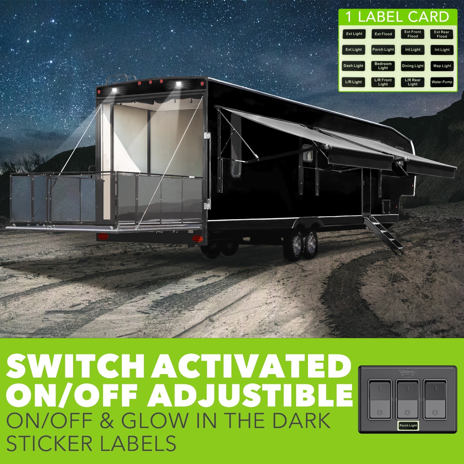 Single 3 Gang On-Off 12V Black Light Switch -RV Camper Trailer Marine Boat 12 V