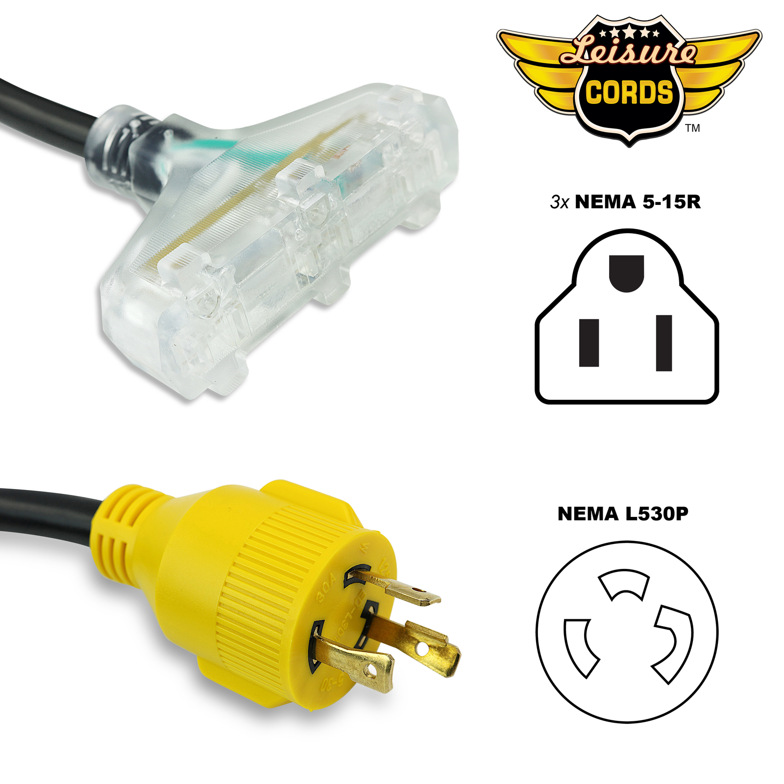 Generator Adapter Cord 25’ 3 Prong Power Cable 10/4 Tri 15 Amp Adapter Plug