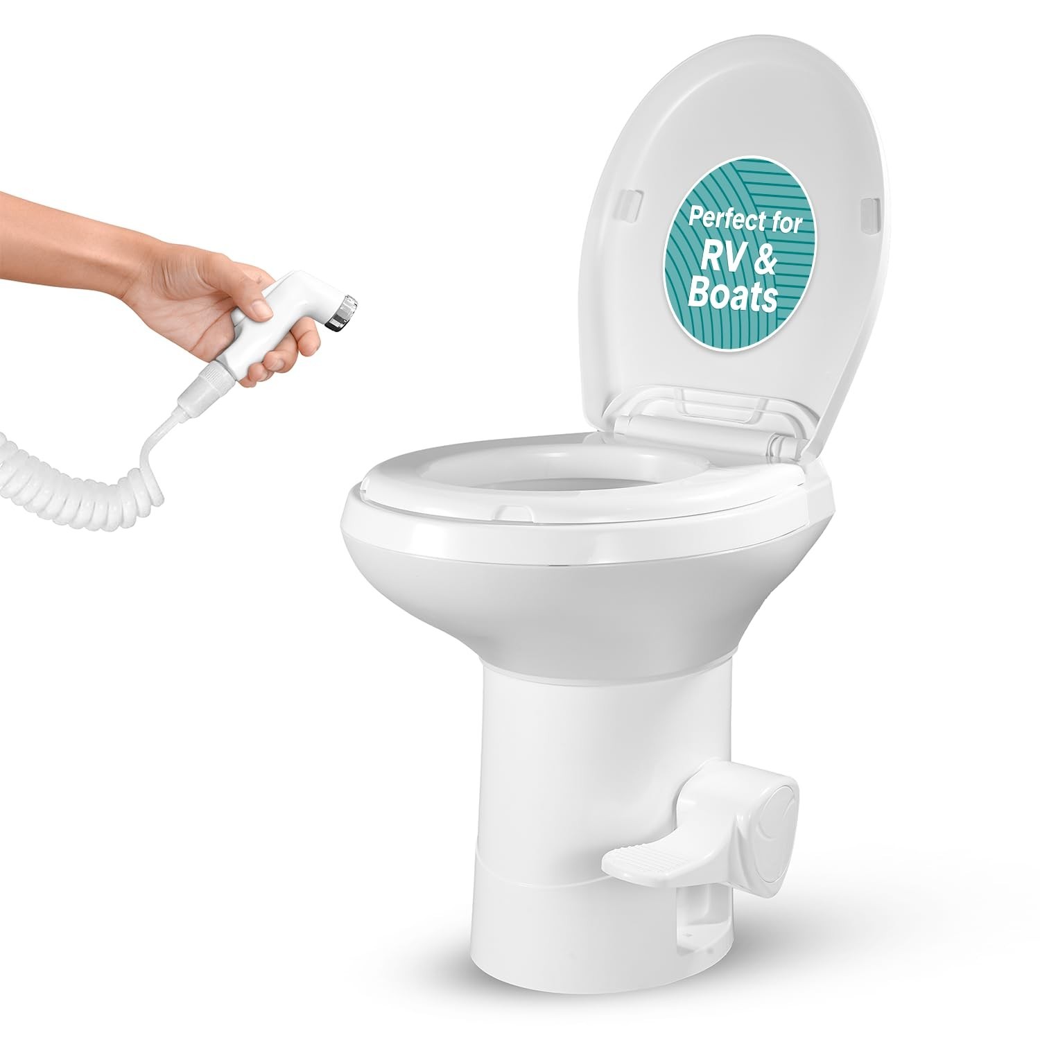 Compact RV Toilet with Foot Pedal & Hand Sprayer – Leak-Proof, Odorless, Soft-Cl