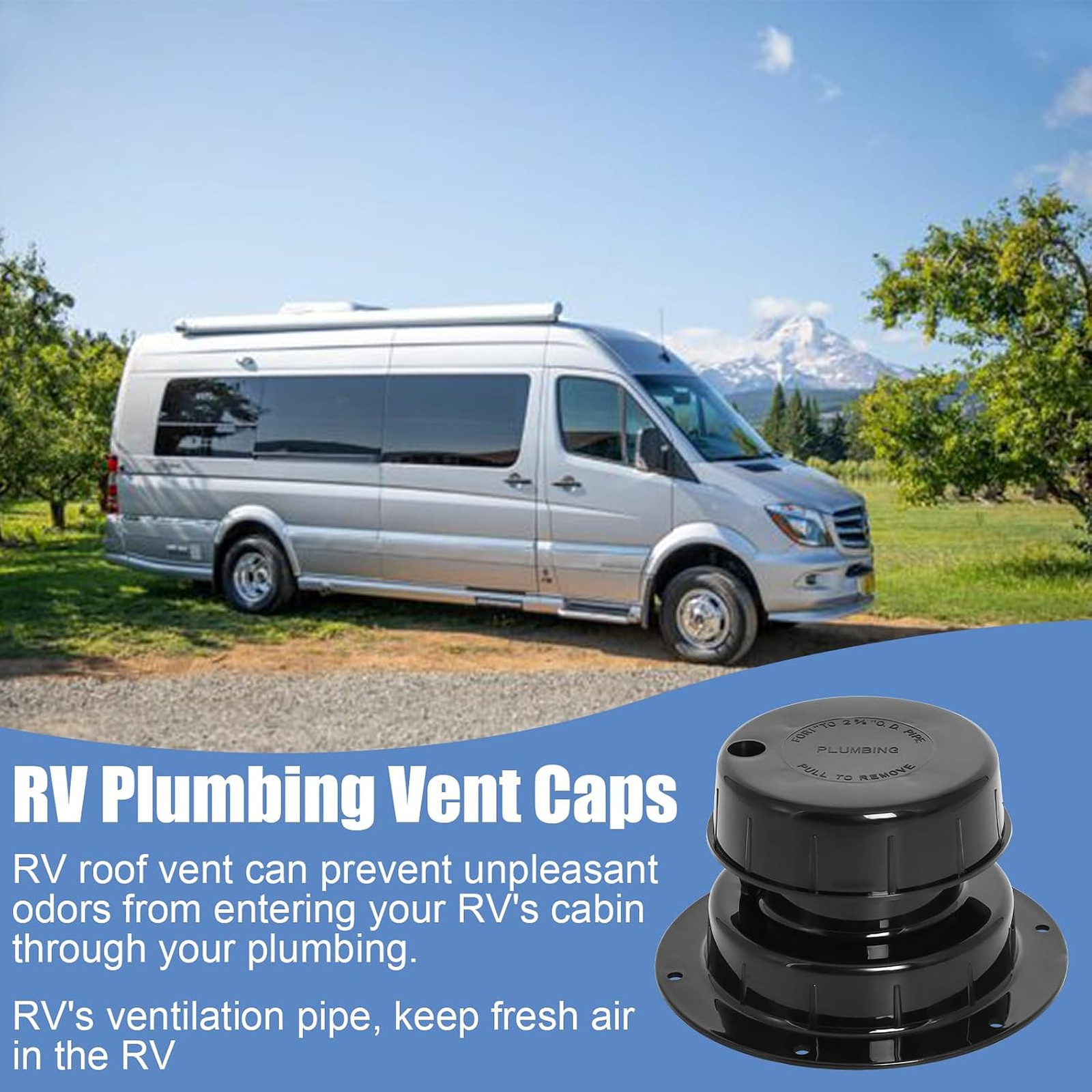 RV Plumbing Vent Caps, UV-Resistant Plastic, 1-2 3/8 Inch Pipe, Black, 2 Pack