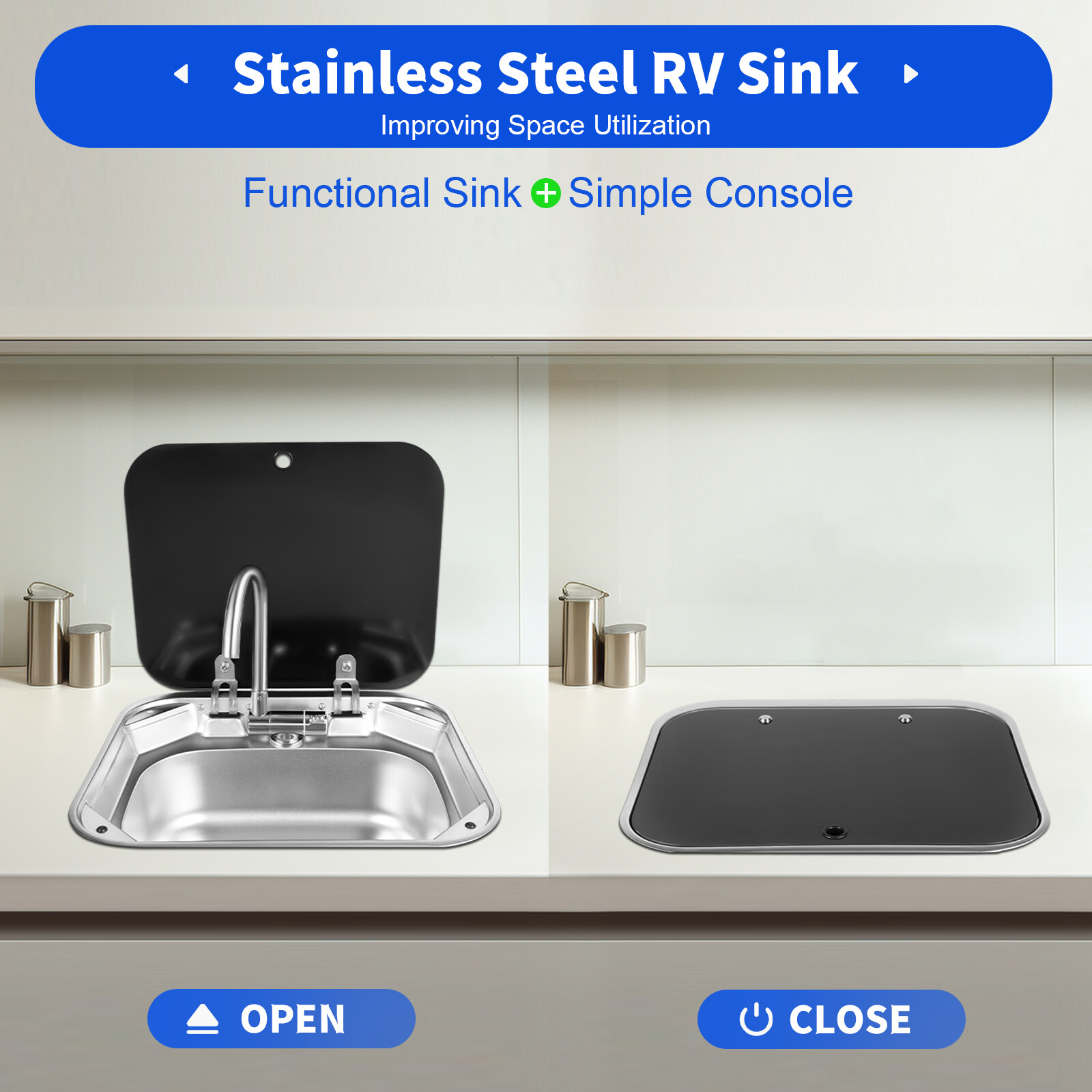 Rv Sink Kit Folding Square Outdoor Full W/ Lid & Faucet Set Stainless Steel Sink